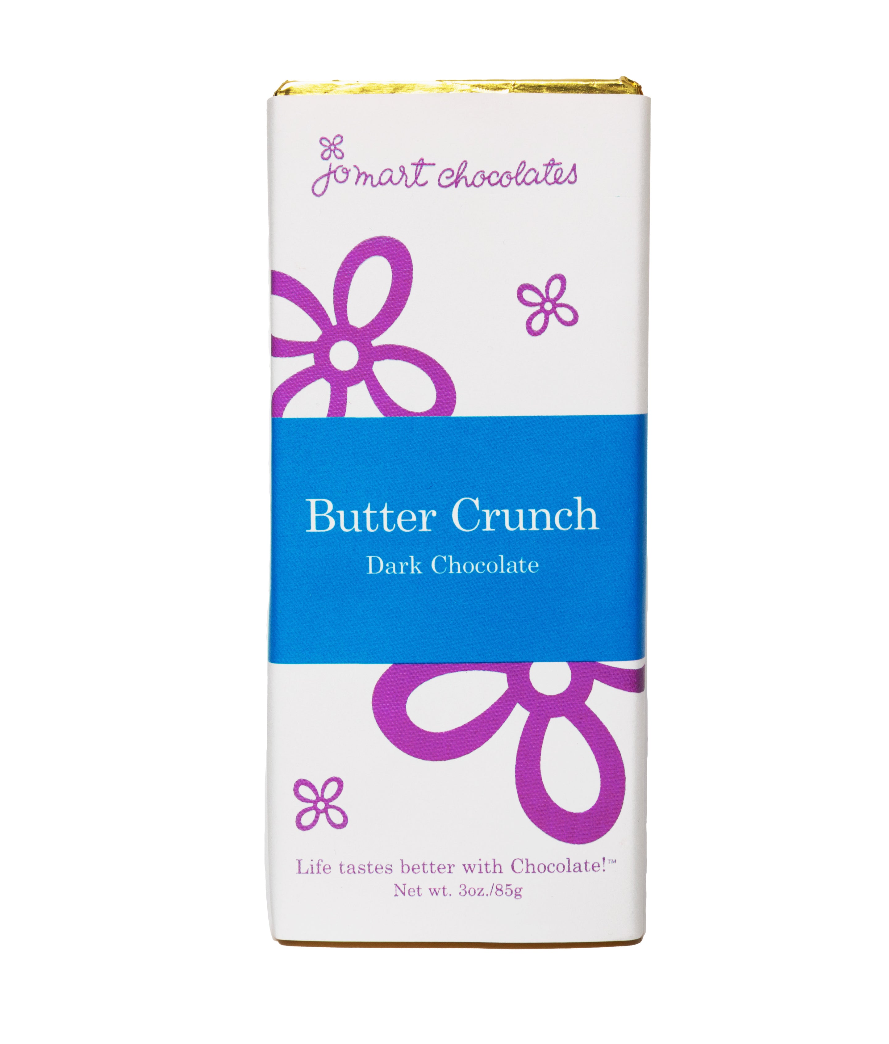 Chocolate bar in gold foil with wrapper with white background, purple logo and flowers, a blue square in the middle "Butter Crunch Dark Chocolate"