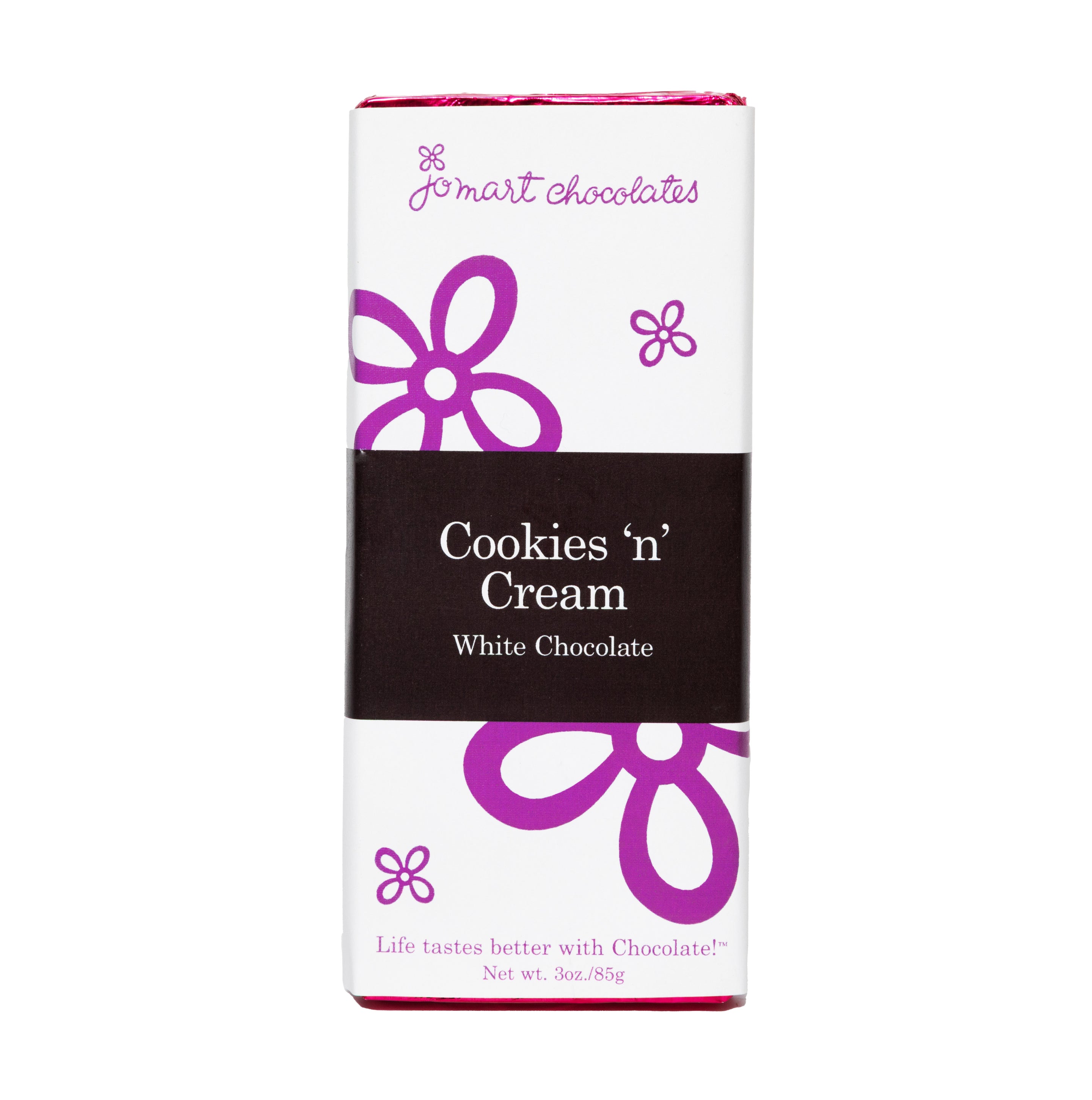 Chocolate bar with pink foil and wrapper with white background, purple logo and flowers, a brown square in the middle "Cookies 'n' Cream White Chocolate"
