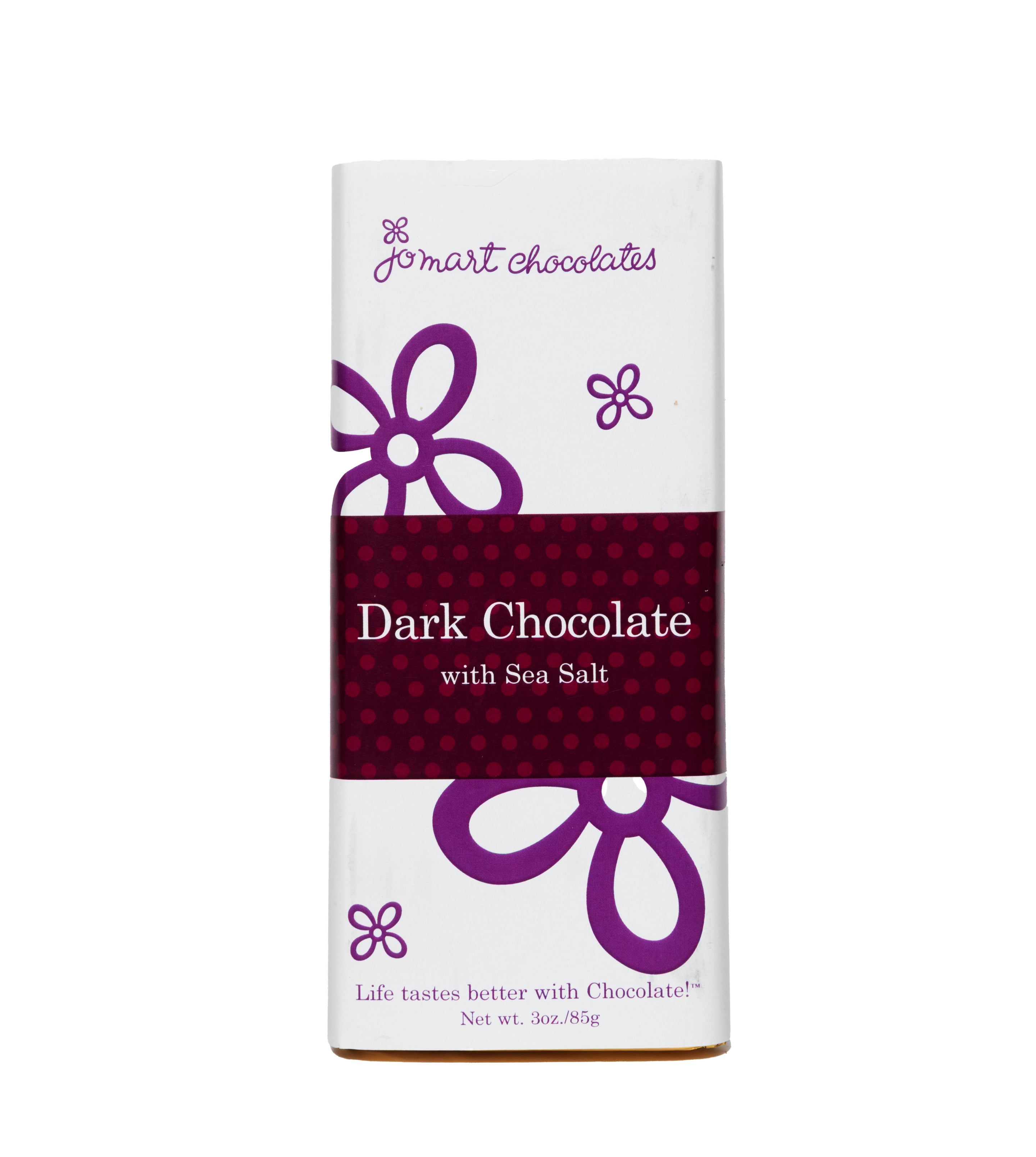 Chocolate bar wrapper with white background, purple logo and flowers, a burgundy  square with red dots in the middle "Dark Chocolate with Sea Salt"