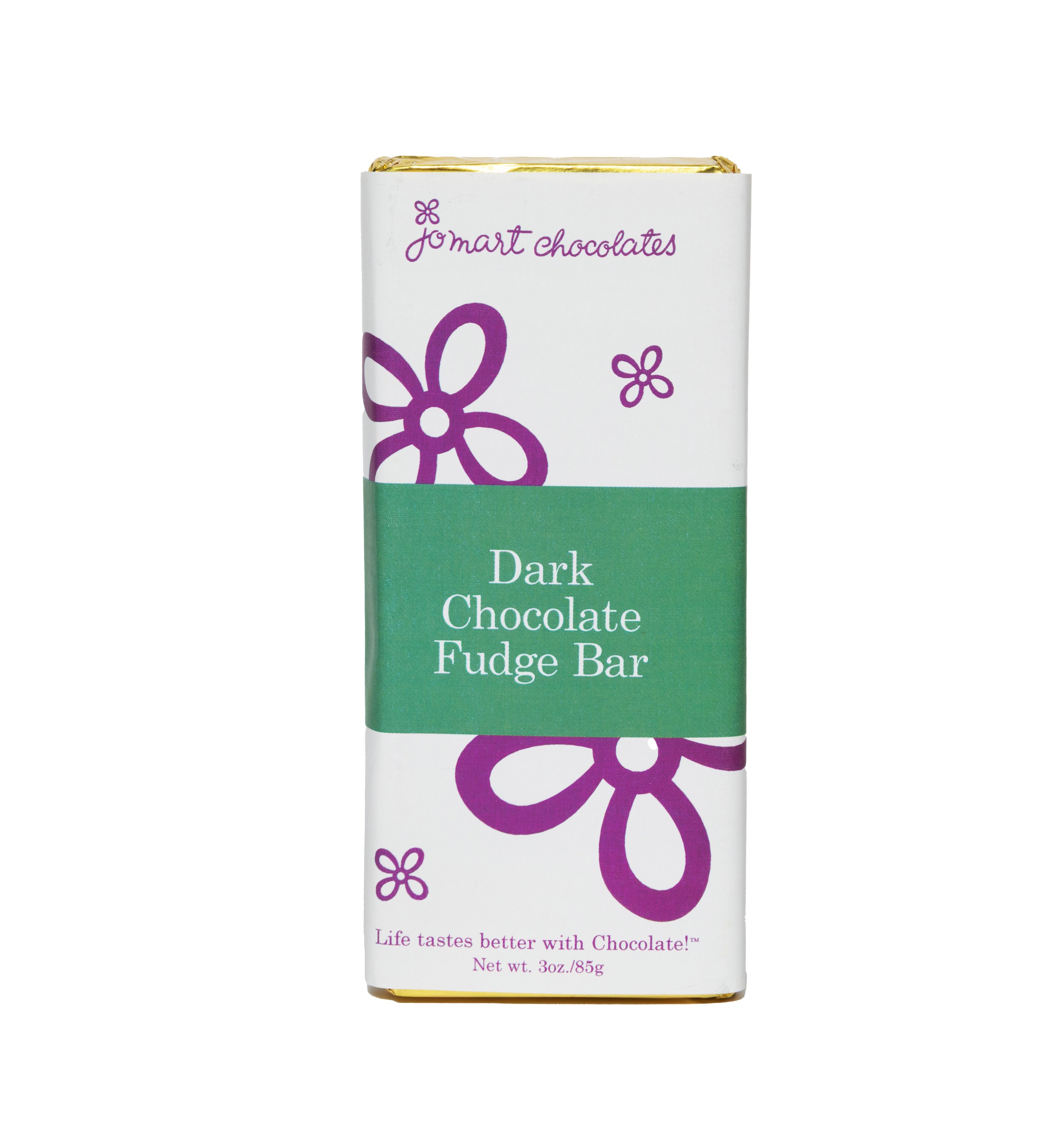 chocolate bar in gold foil with wrapper with white background, purple logo and flowers, a green square in the middle "Dark Chocolate Fudge Bar"