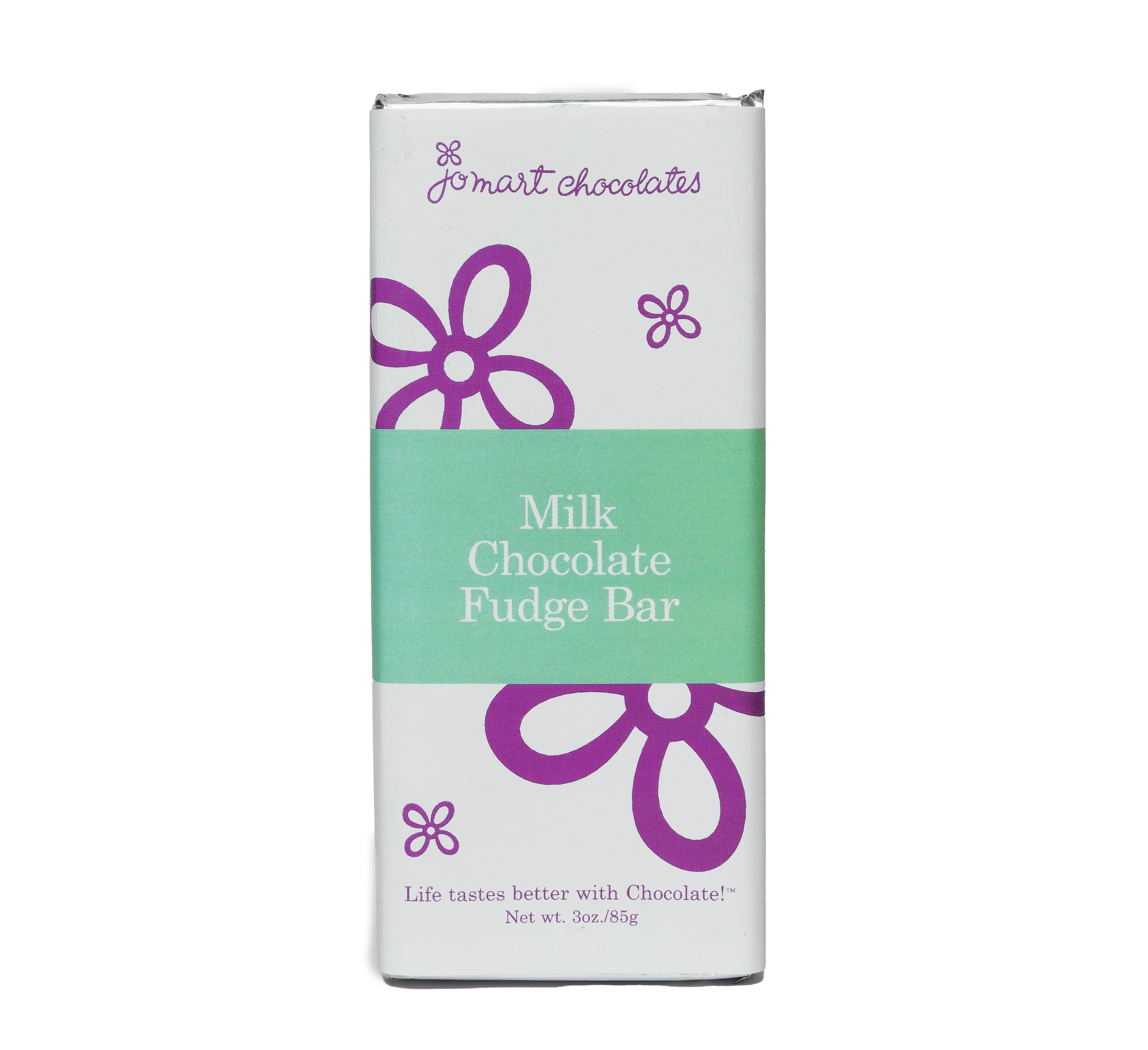 chocolate bar in silver foil with wrapper with white background, purple logo and flowers, a green square in the middle "Milk Chocolate Fudge Bar"