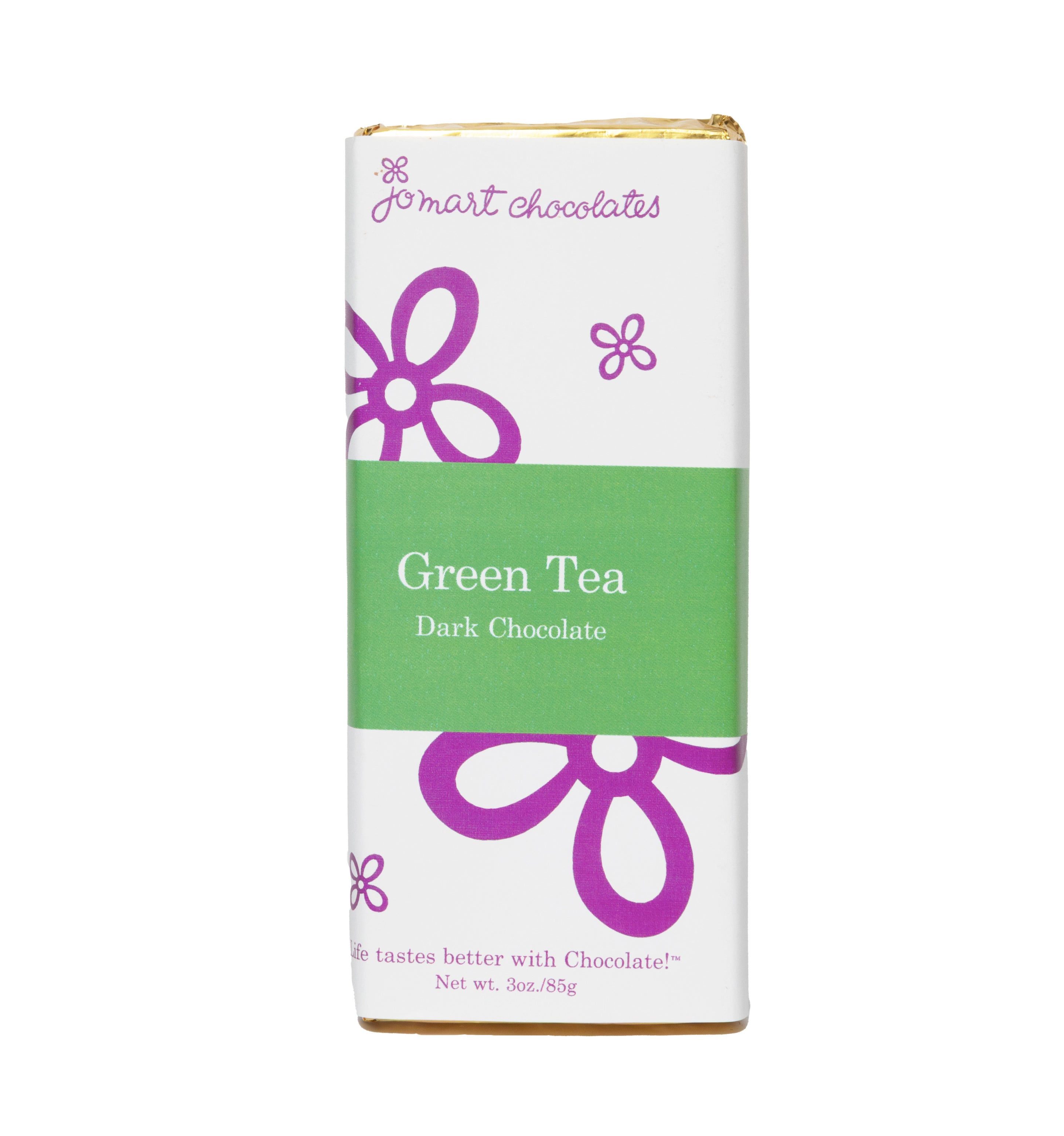 Chocolate bar with gold foil and wrapper with white background, purple logo and flowers, a green square in the middle "Green Tea Dark Chocolate"
