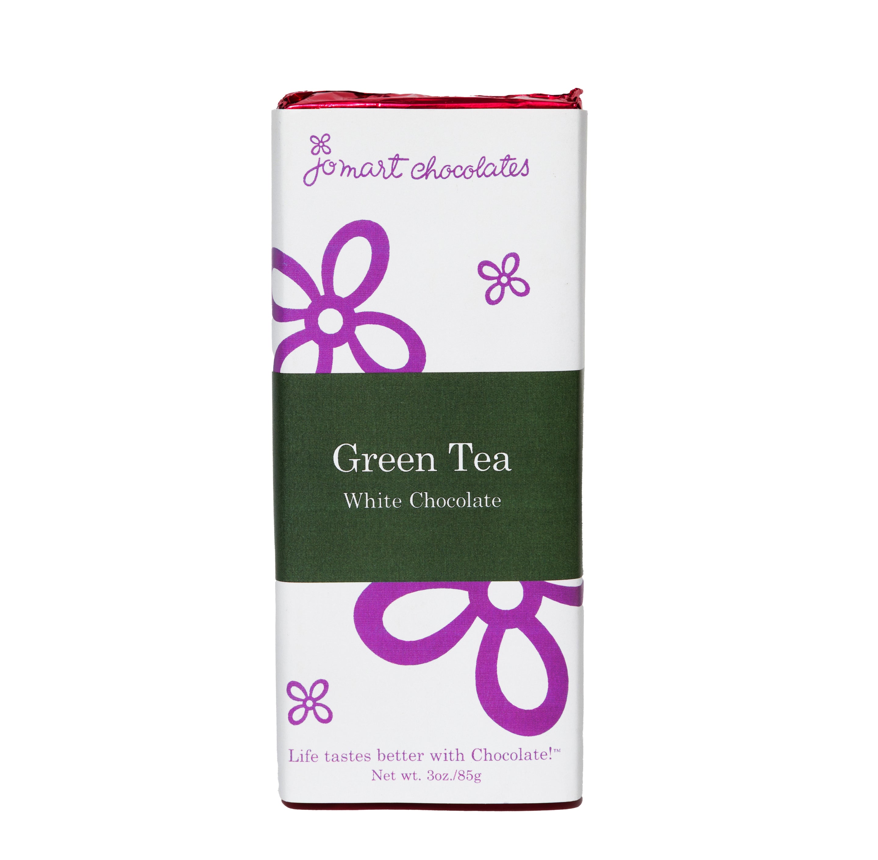chocolate bar wrapper with white background, purple logo and flowers, a dark green square in the middle "Green Tea White Chocolate"