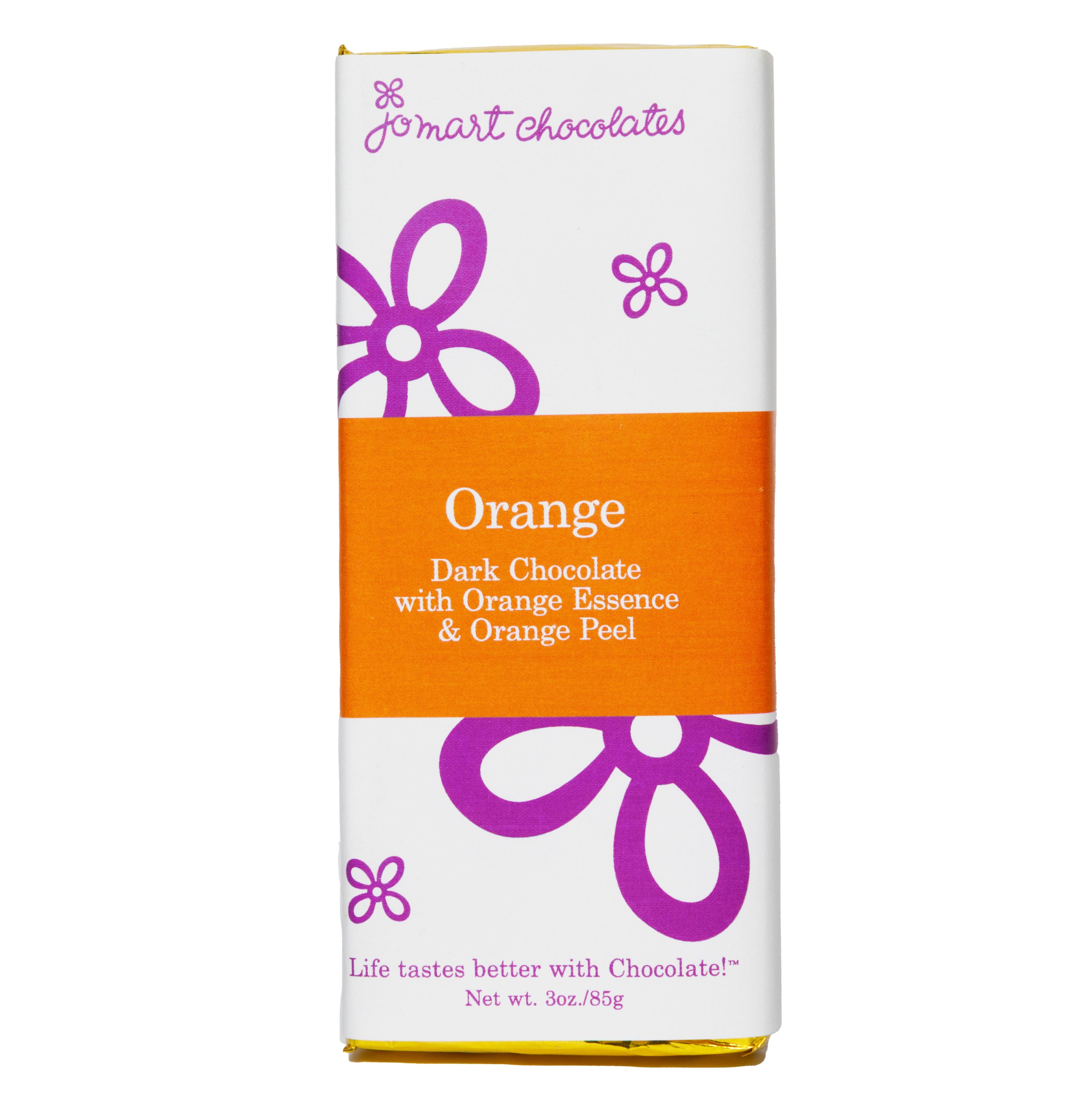 Chocolate bar with gold foil and wrapper with white background, purple logo and flowers, a orange square in the middle "Orange Dark Chocolate with Orange Essence & Orange Peel"