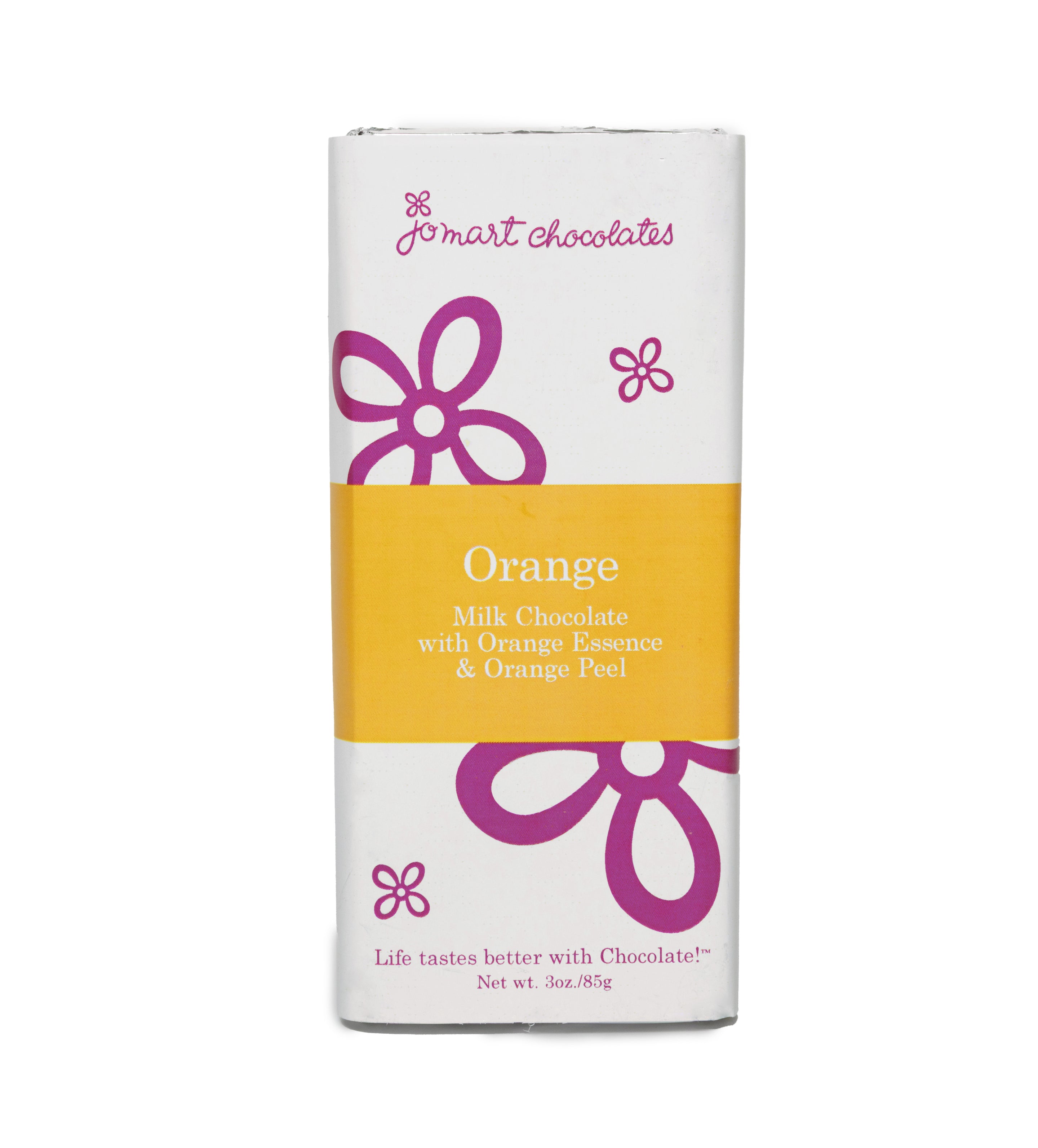 Chocolate bar with silver foil and wrapper with white background, purple logo and flowers, a yellow square in the middle "Orange Milk Chocolate with Orange Essence & Orange Peel"