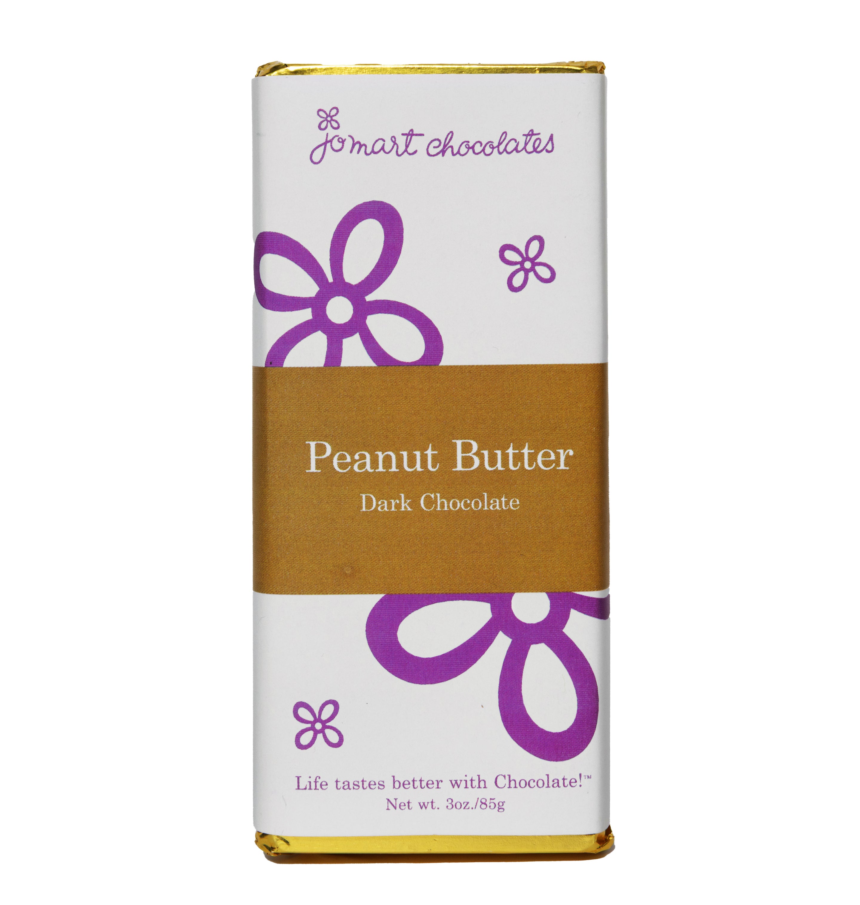 Chocolate bar with gold foil and wrapper with white background, purple logo and flowers, a brown square in the middle "Peanut Butter Dark Chocolate"
