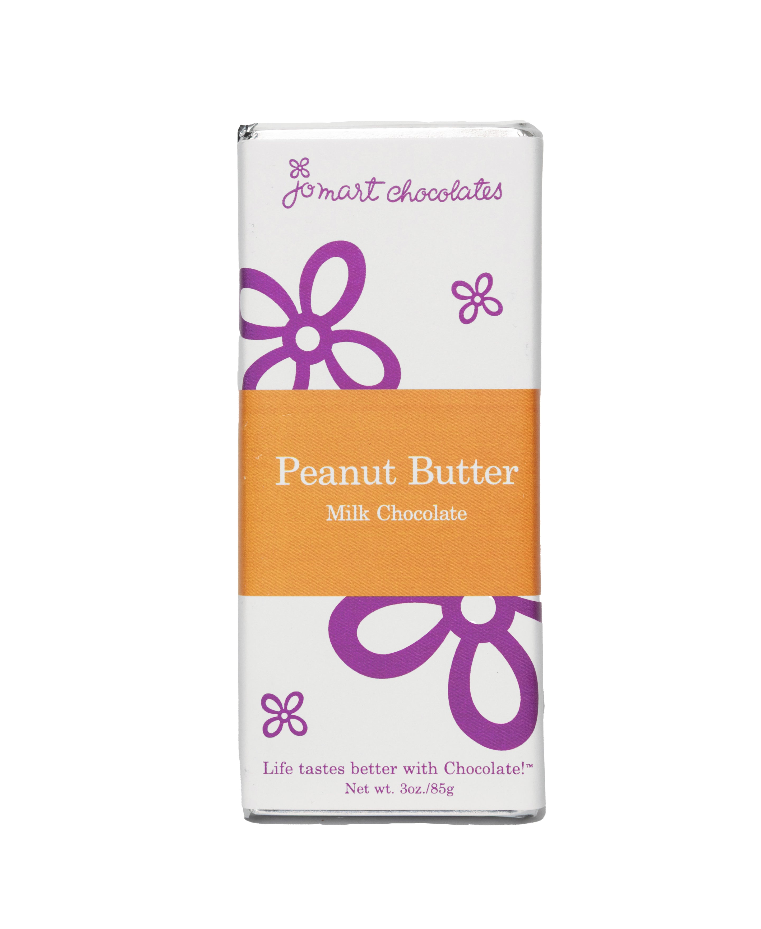Chocolate bar with silver foil and wrapper with white background, purple logo and flowers, a orange square in the middle "Peanut Butter Milk Chocolate"