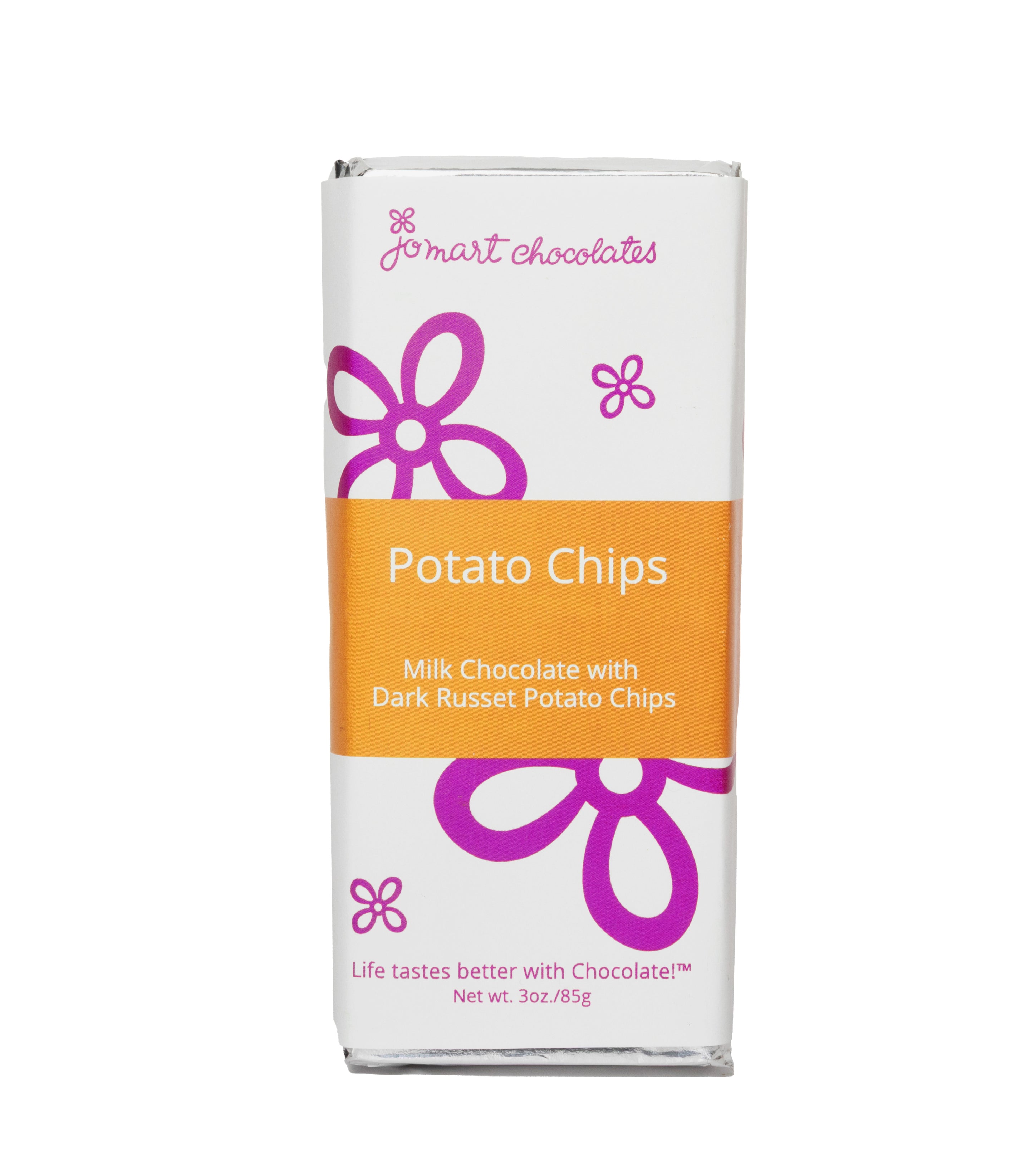 Chocolate bar in silver foil with wrapper with white background, purple logo and flowers, a yellow square in the middle "Potato Chips Milk Chocolate Dark Russet Potato Chips"