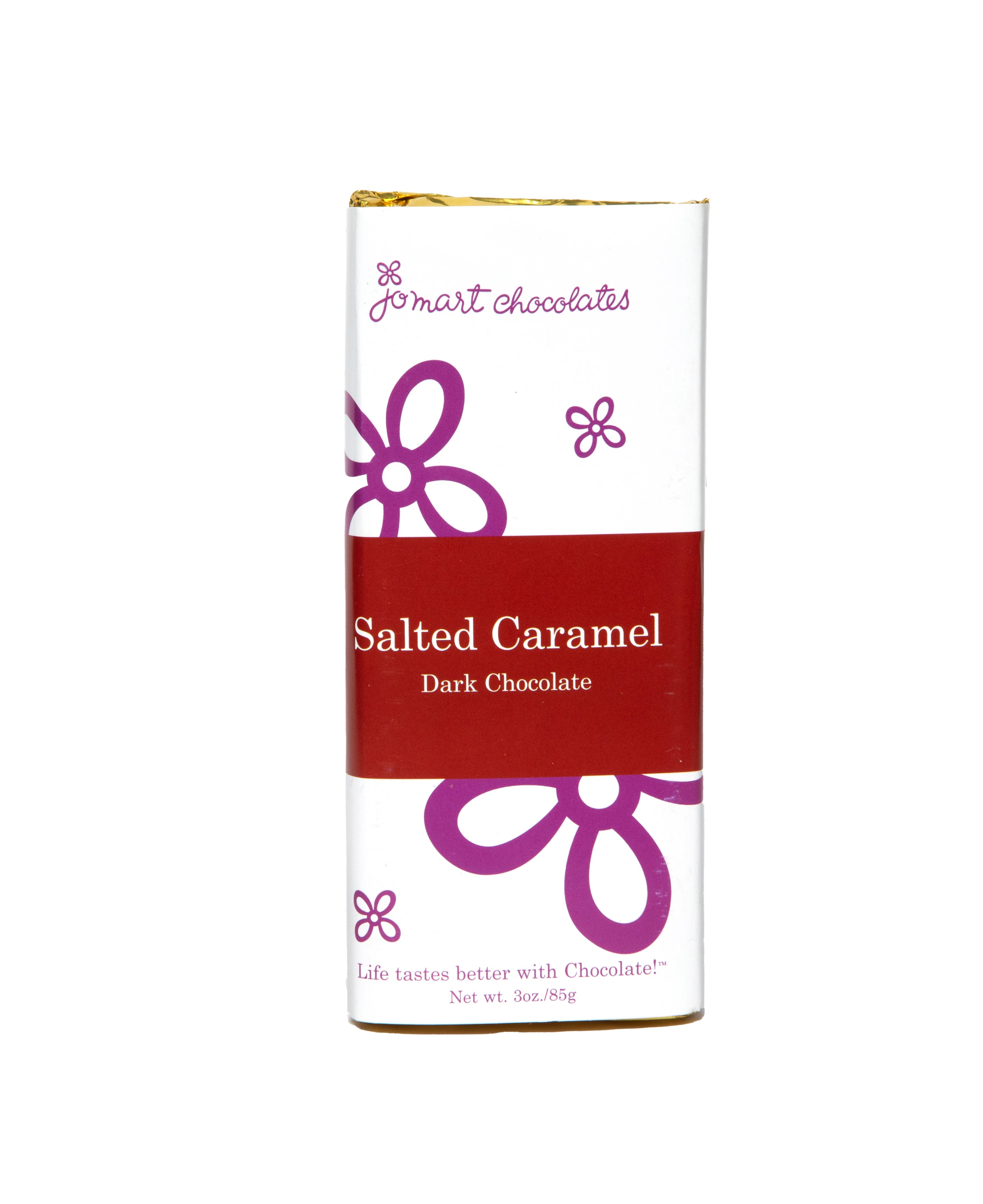 Chocolate bar in gold foil with wrapper with white background, purple logo and flowers, a red square in the middle "Salted Caramel Dark Chocolate"