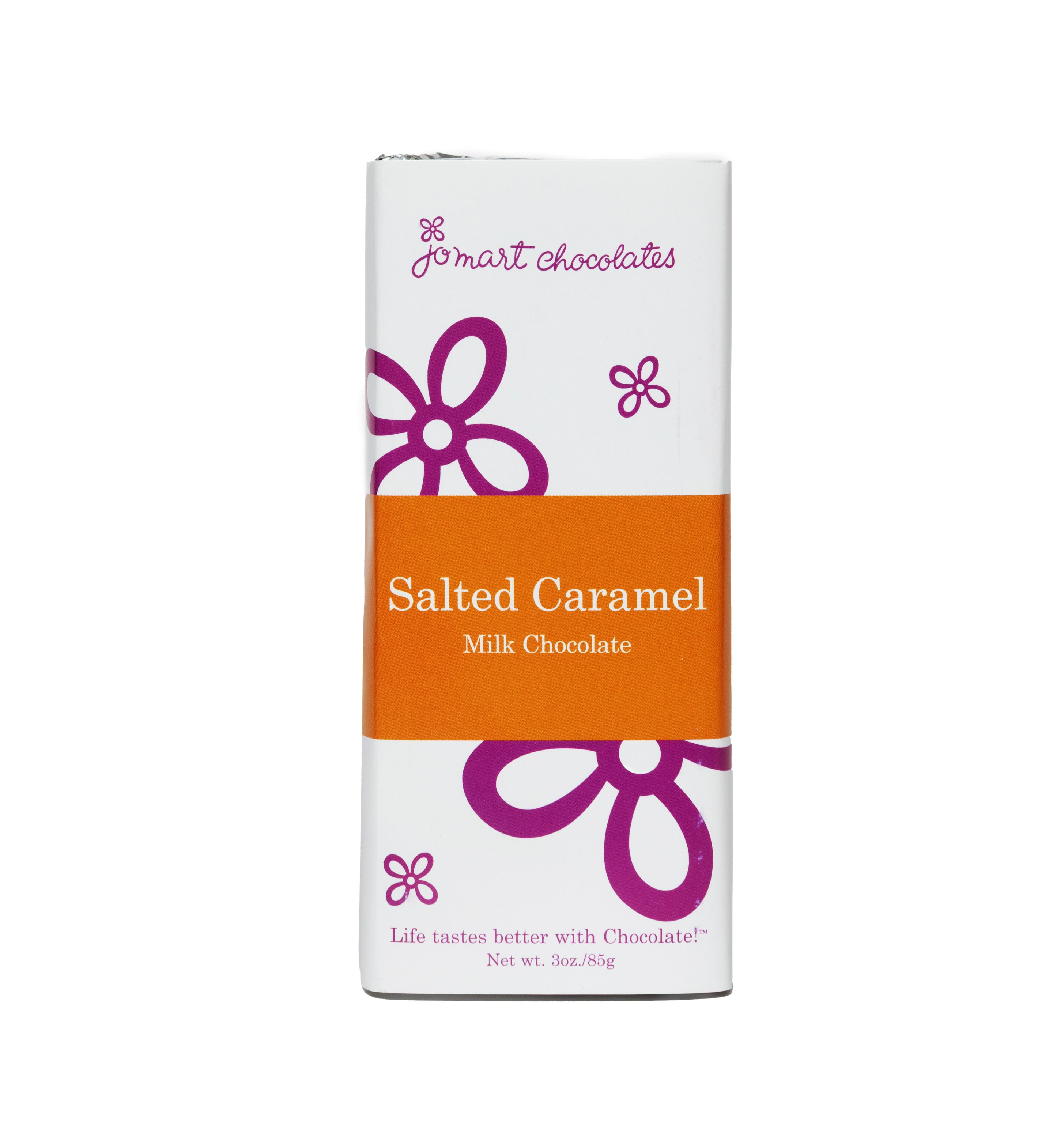Chocolate bar with silver foil and wrapper with white background, purple logo and flowers, a orange square in the middle "Salted Caramel Milk Chocolate"