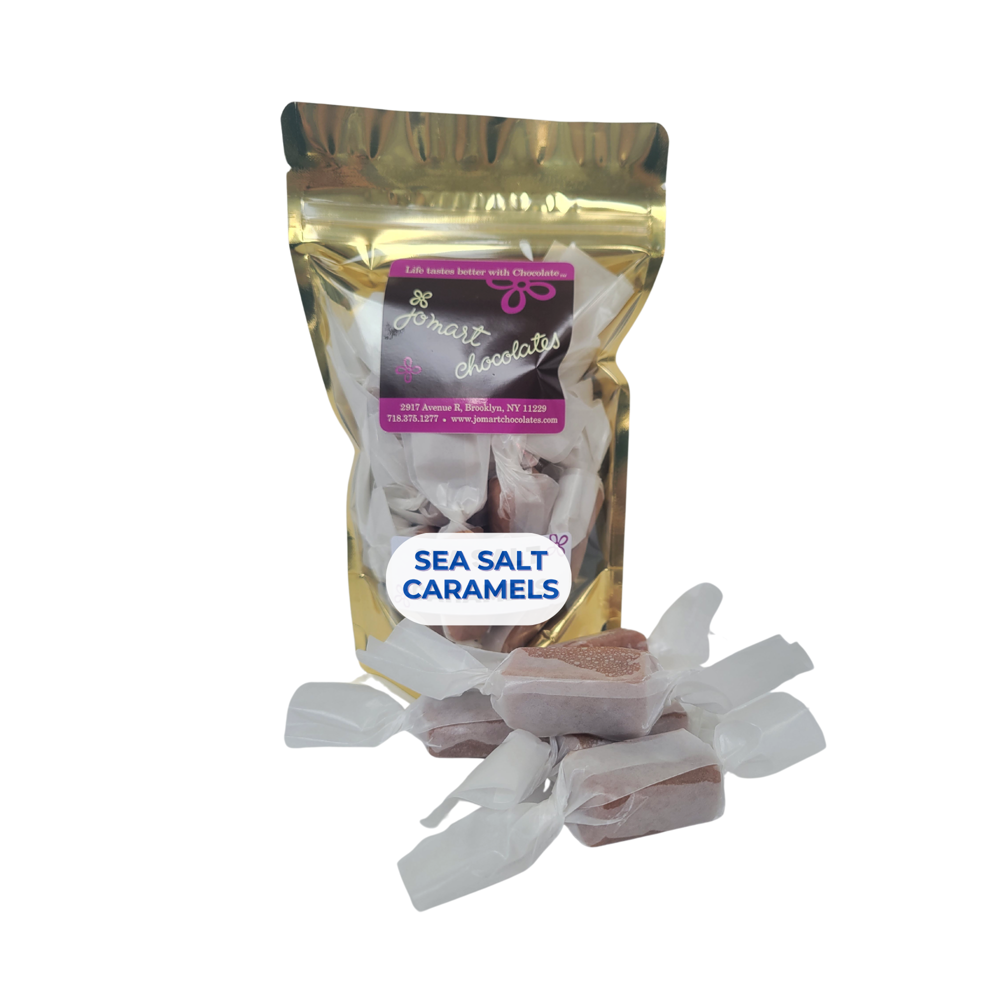 pouch of wrapped sea salt caramels with "sea salt caramel" image and JoMart branded sticker