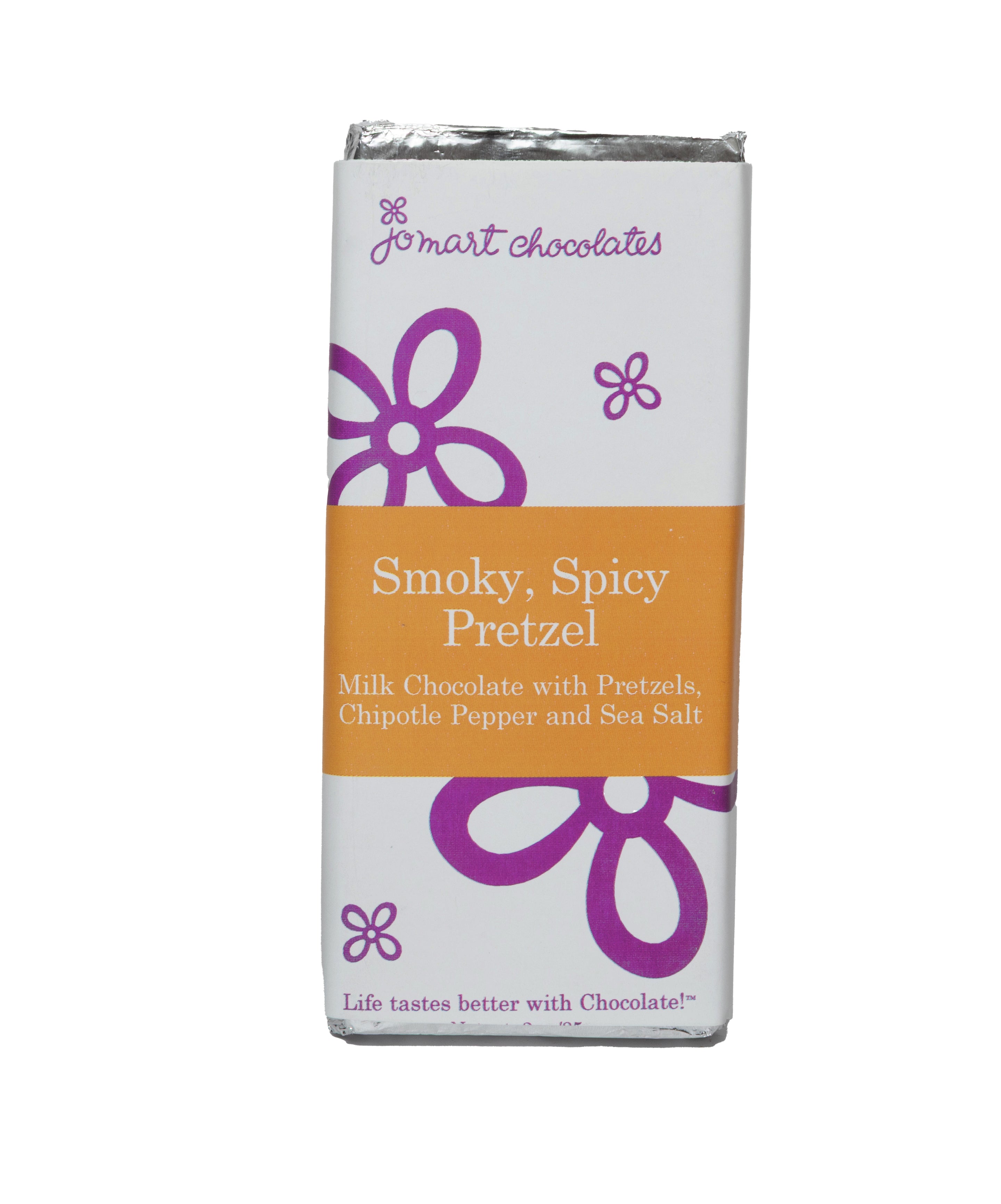 Chocolate bar with silver foil and wrapper with white background, purple logo and flowers, a orange square in the middle "Smoky, Spicy Pretzel Milk Chocolate with Pretzels, Chipotle Pepper and Sea Salt"