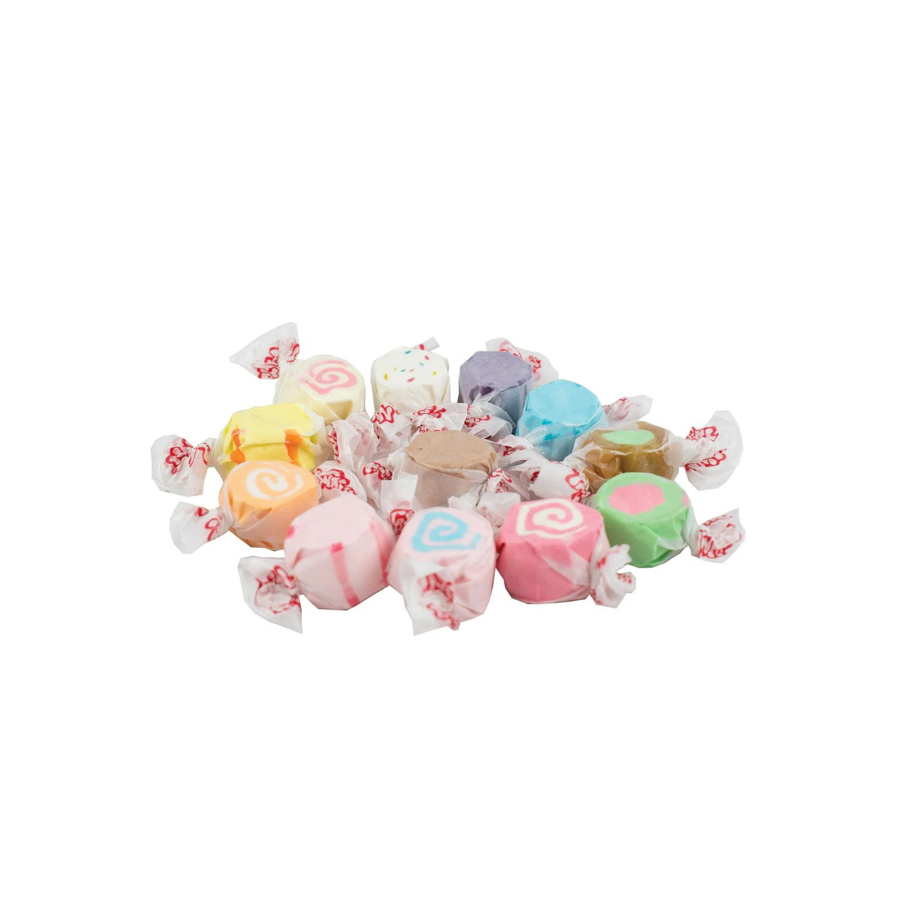 A small pile of assorted wrapped round candies in pastel colors, including pink, blue, yellow, green, purple, and white, on a plain white background.
