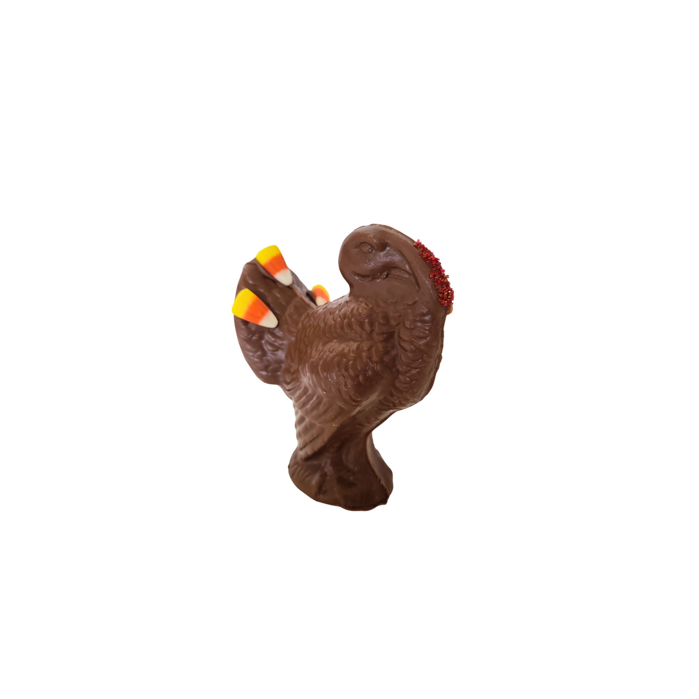 Chocolate turkey figurine with candy corn on a white background
