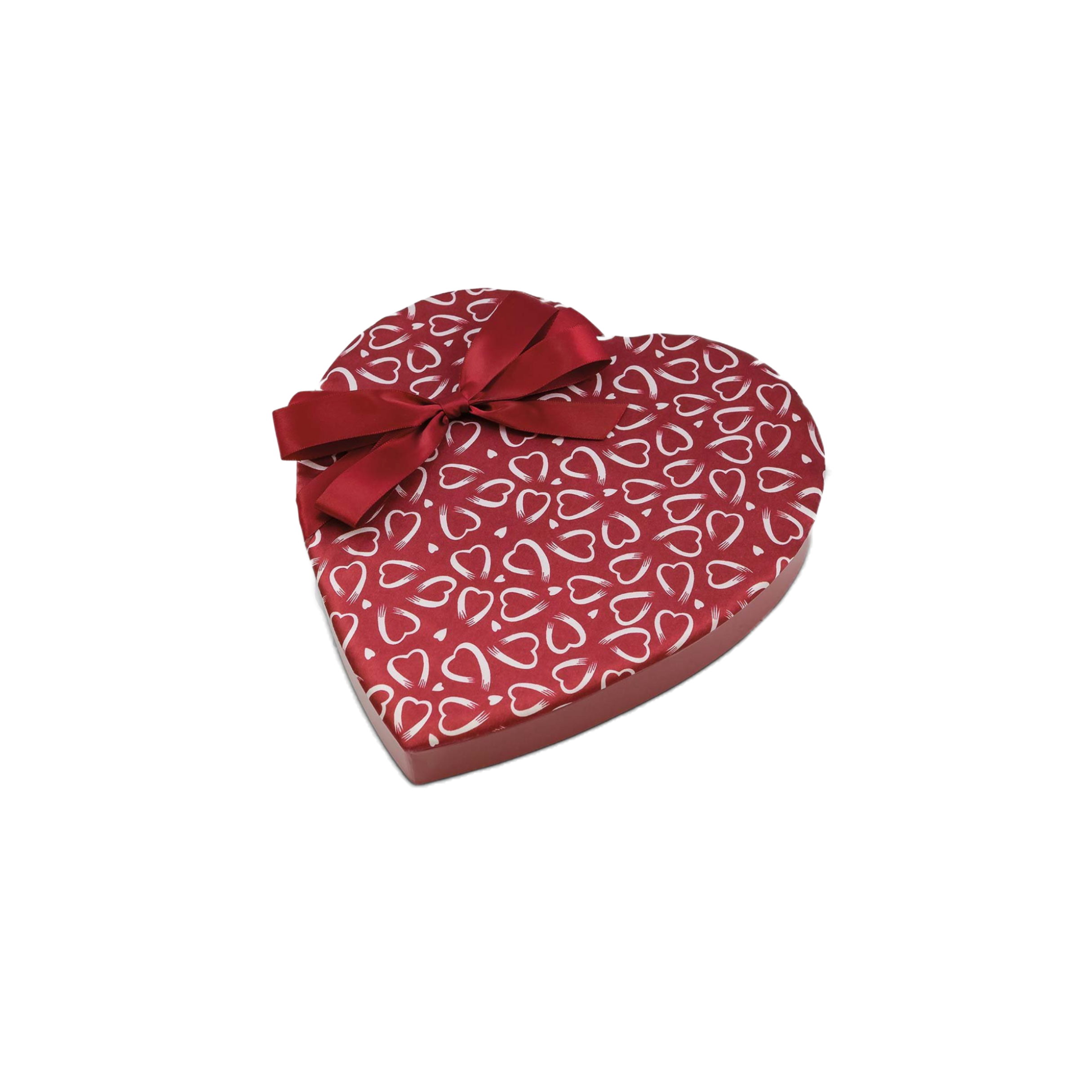 Heart-shaped gift box with red ribbon on a white background