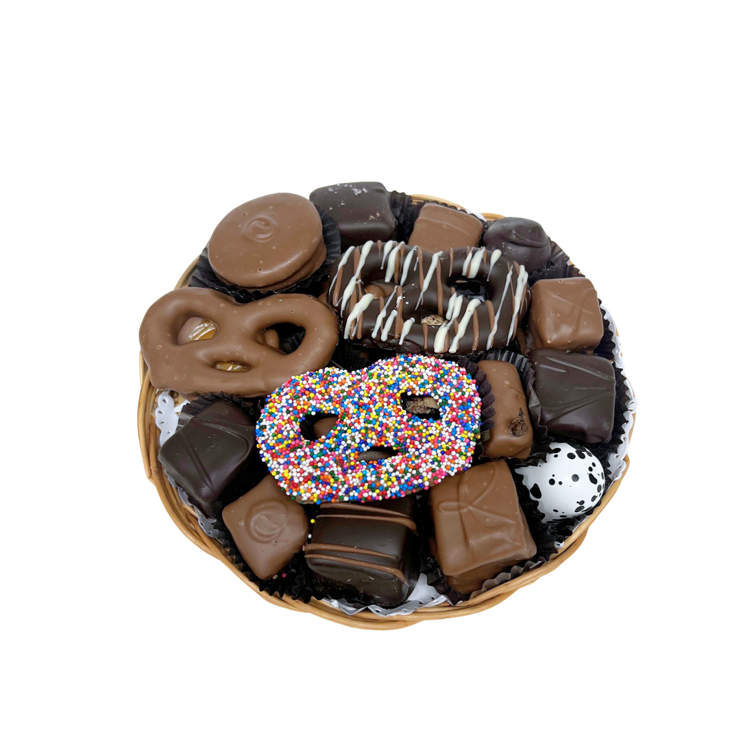 assorted chocolates on a 6 inch round wicker platter
