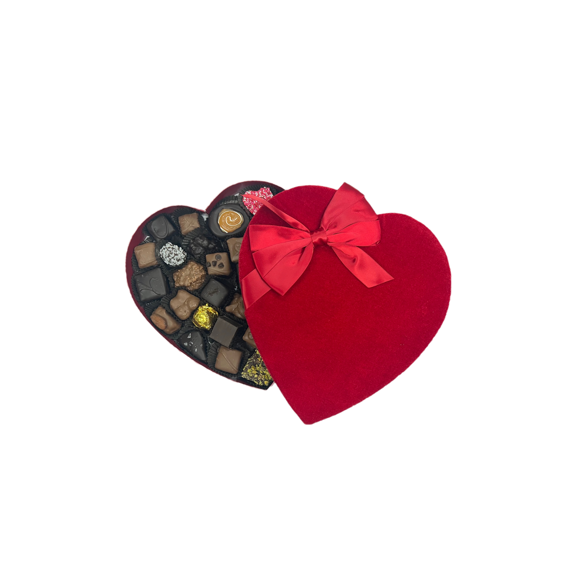 Heart-shaped chocolate box with a red ribbon on a white background