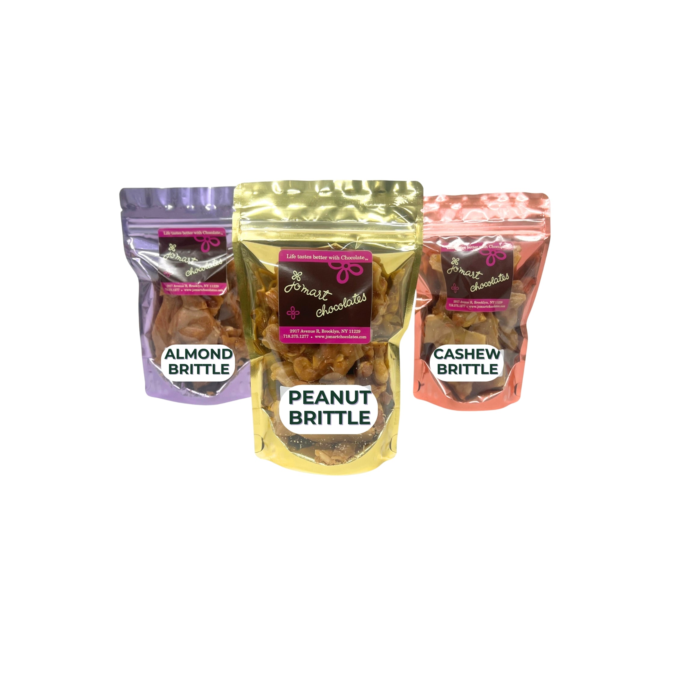 Three bags of brittle snacks labeled 'Almond Brittle', 'Peanut Brittle', and 'Cashew Brittle' on a white background.