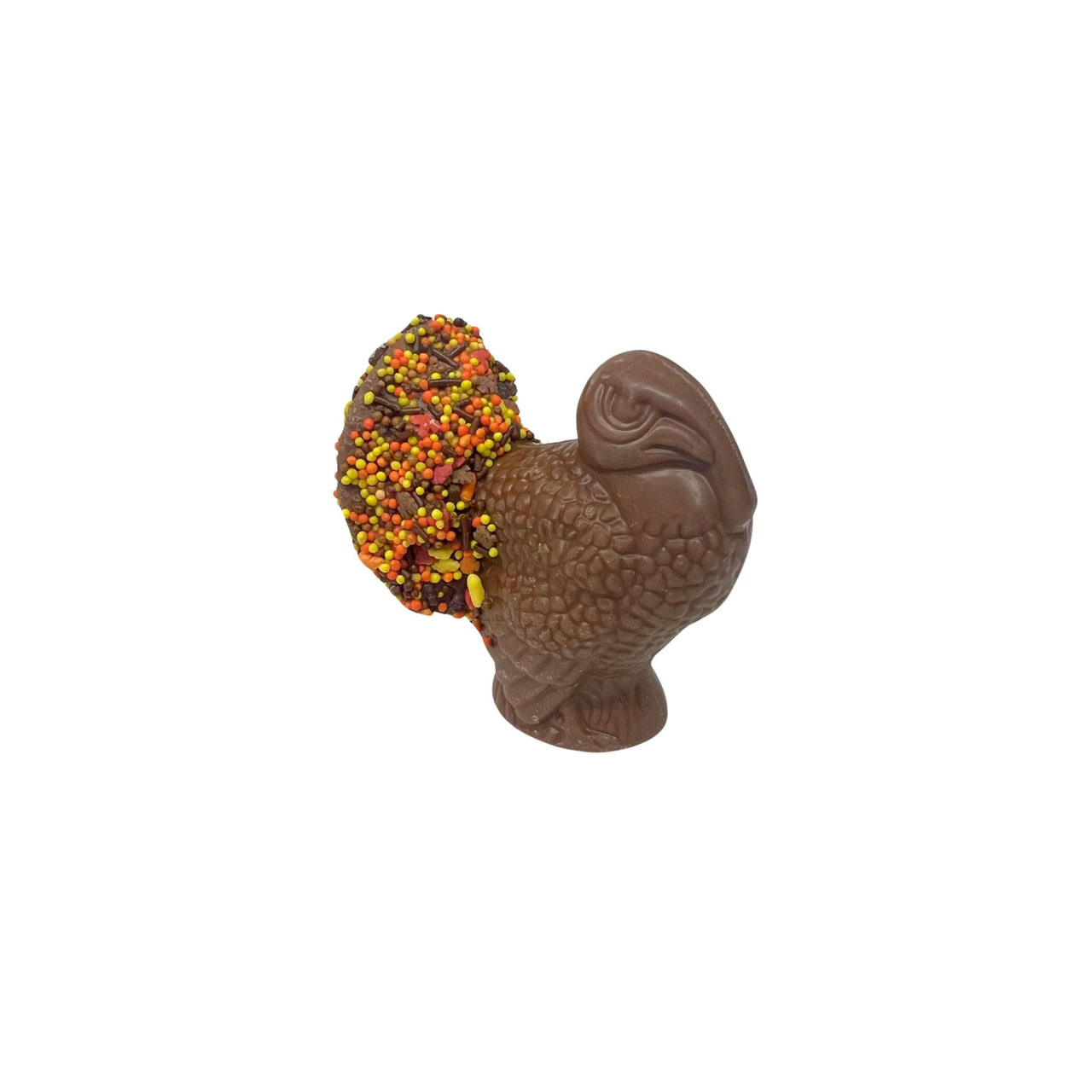 Chocolate turkey with sprinkles on a white background