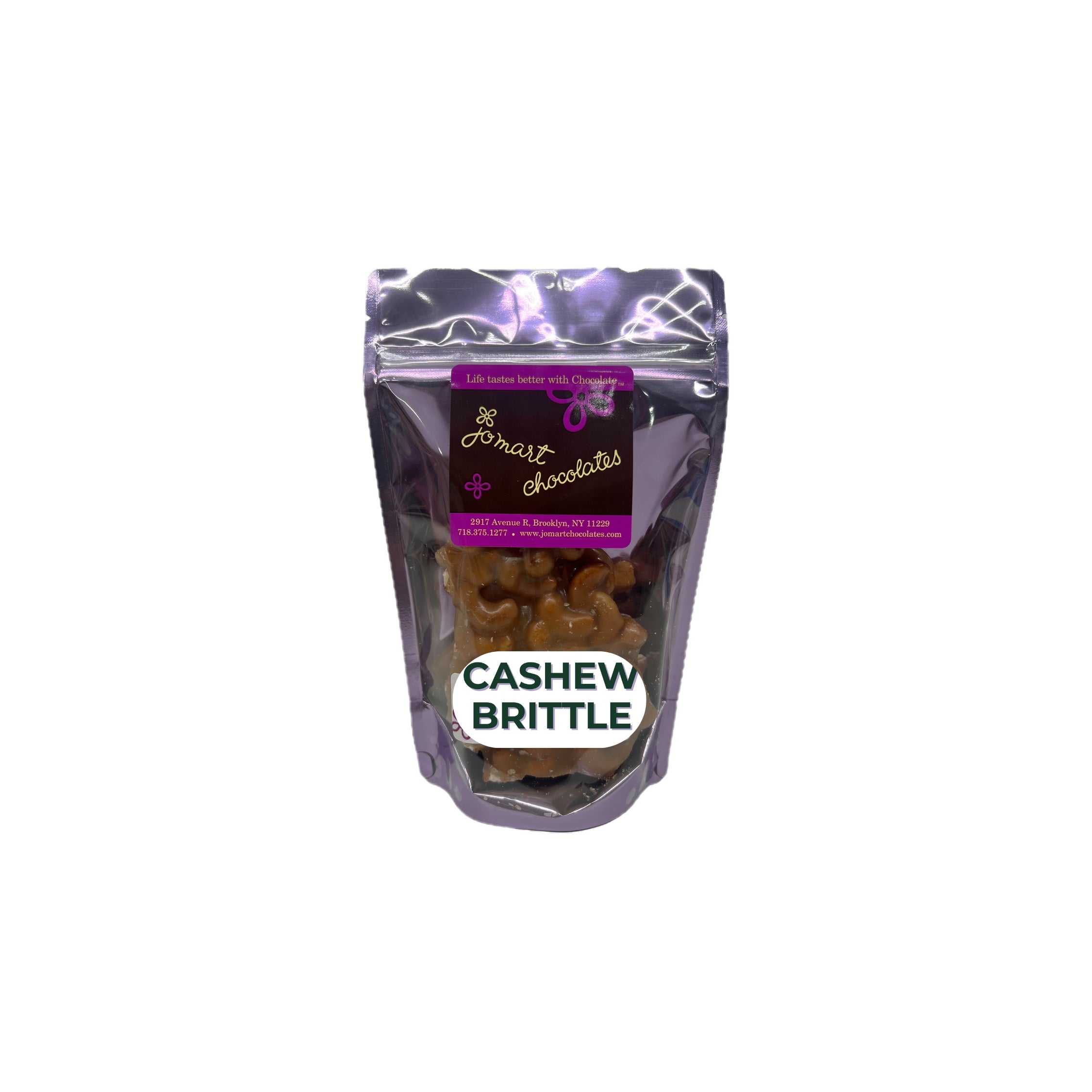 Package of cashew brittle with 'JoMart Chocolates' branding on a white background