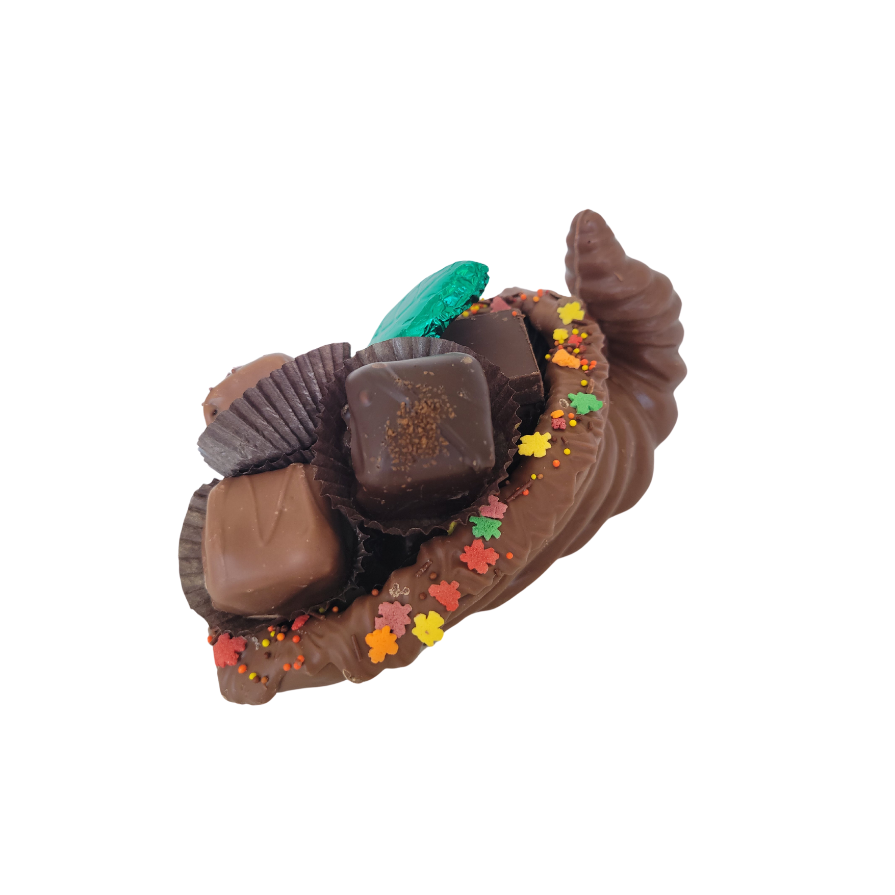 chocolate cornucopia with chocolates in brown cups and decoration