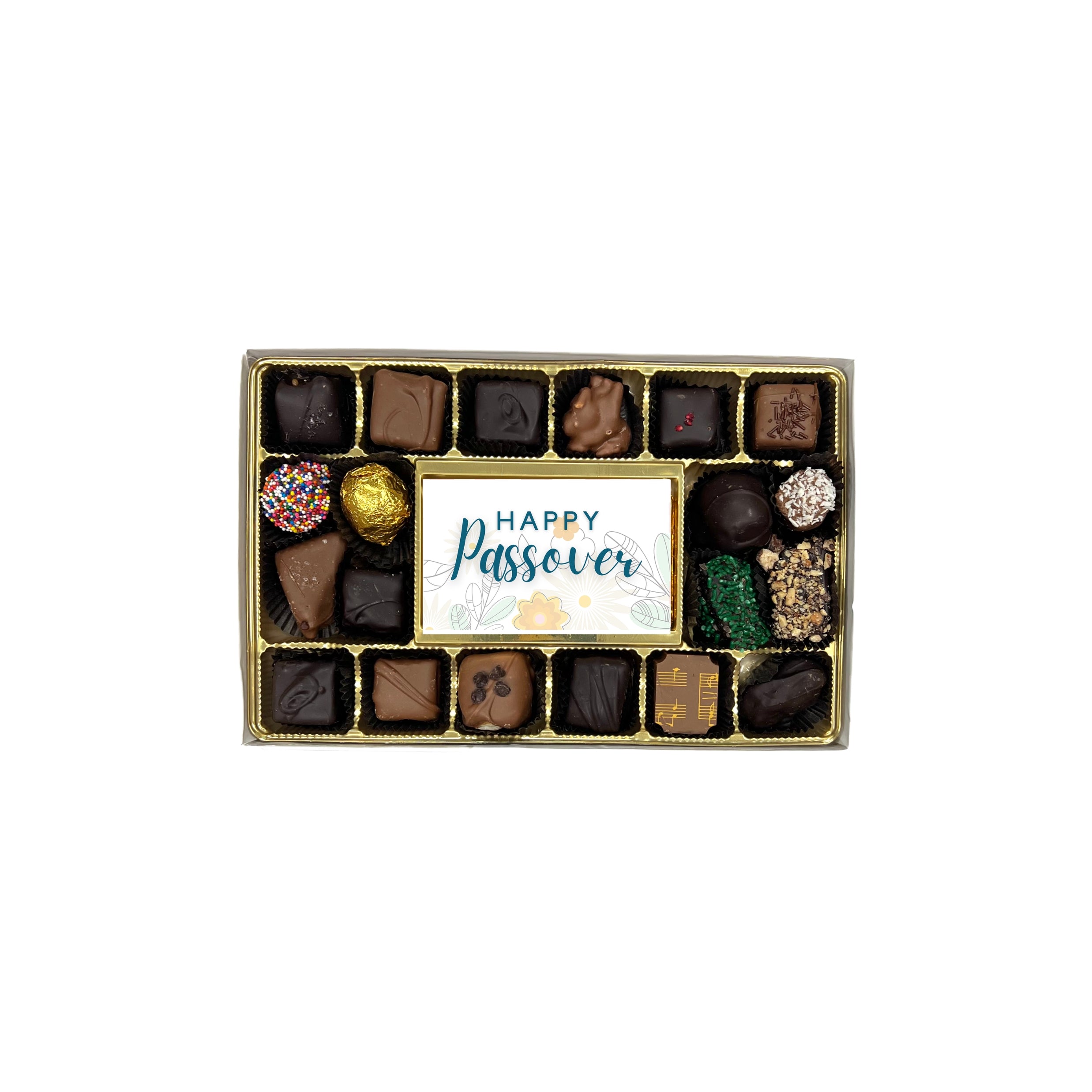 Box of assorted chocolates with a 'Happy Passover' card on a white background