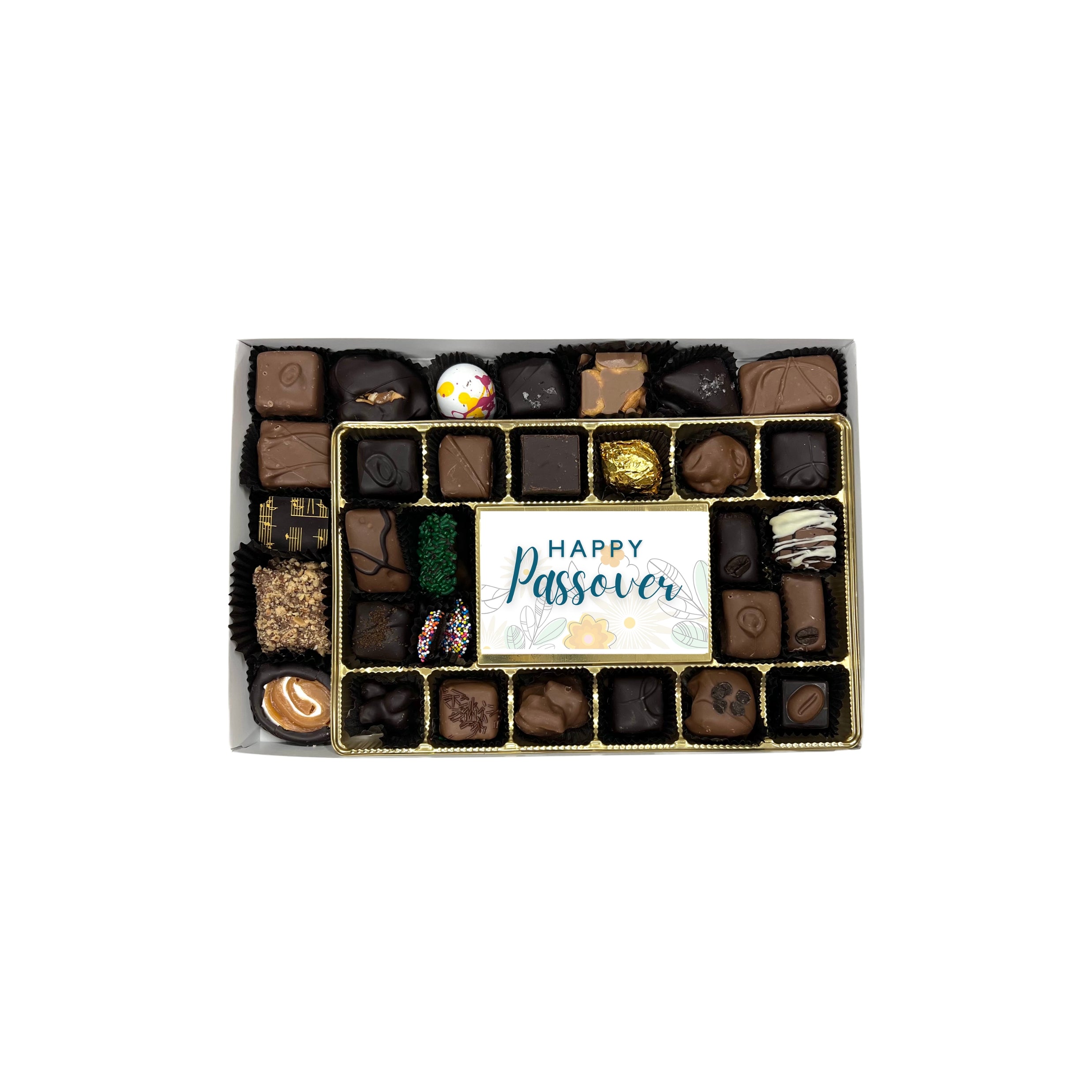 Box of assorted chocolates with a 'Happy Passover' card on a white background