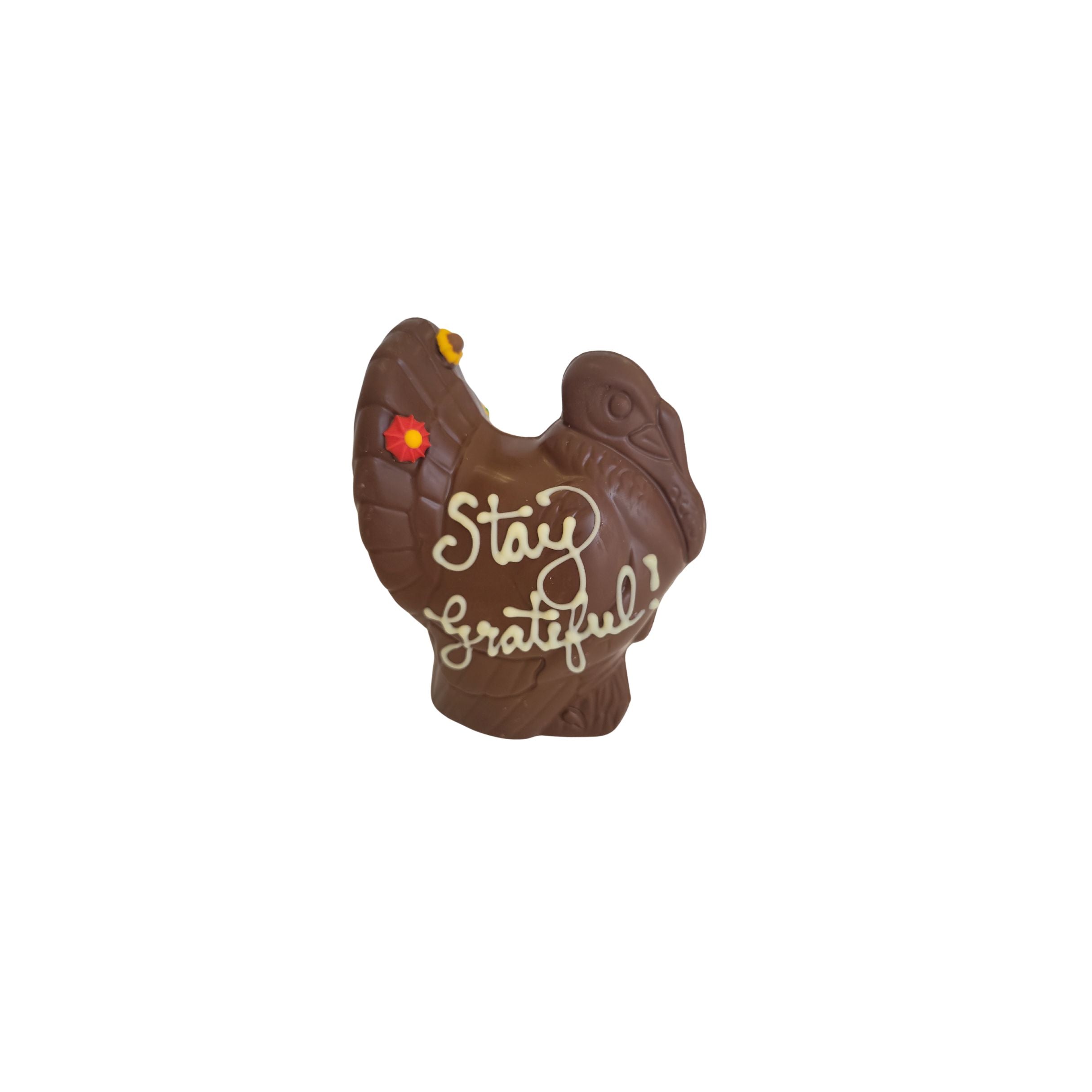 Chocolate turkey with 'Stay grateful' text on a white background