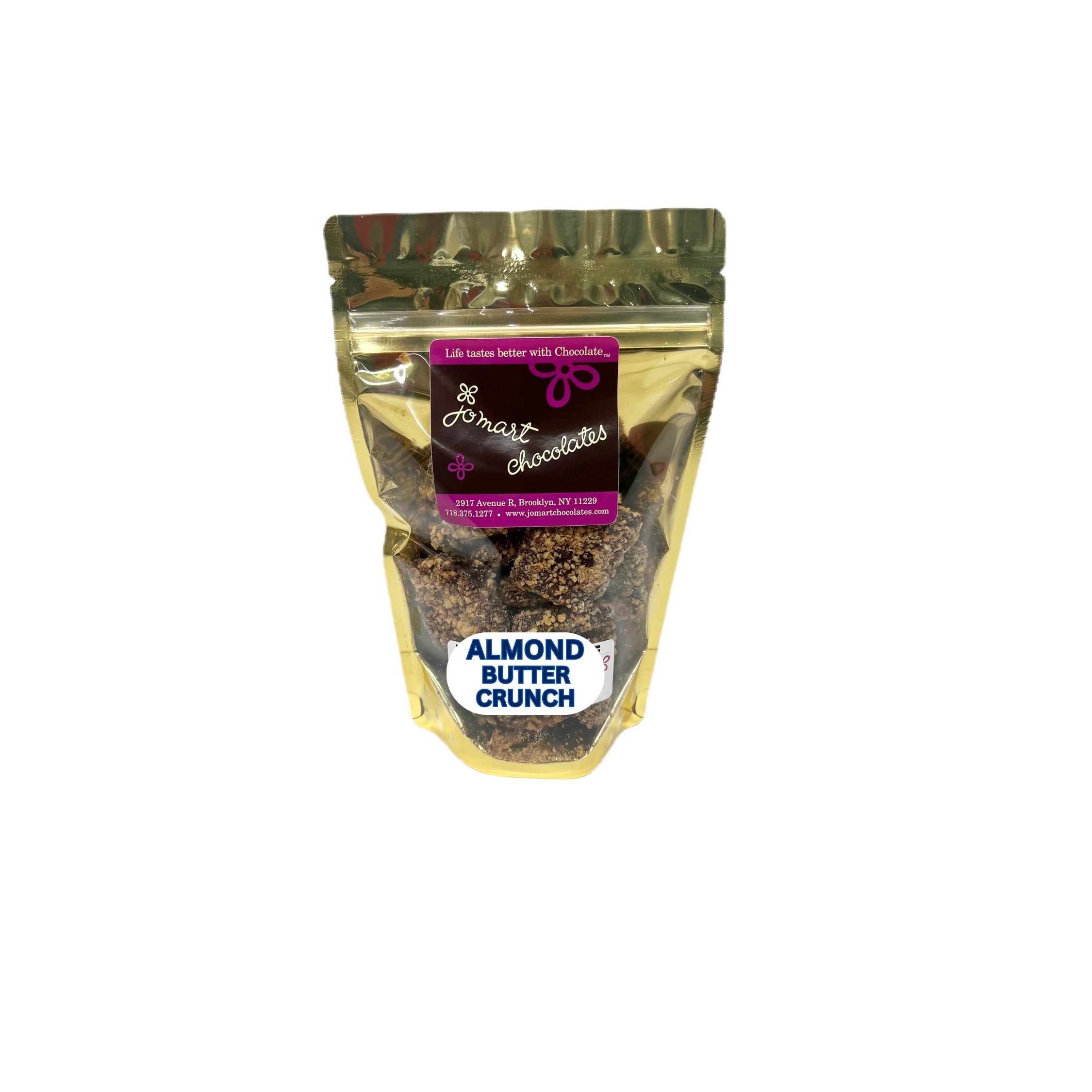 Gold packaging of almond butter crunch with a visible brand label on a white background