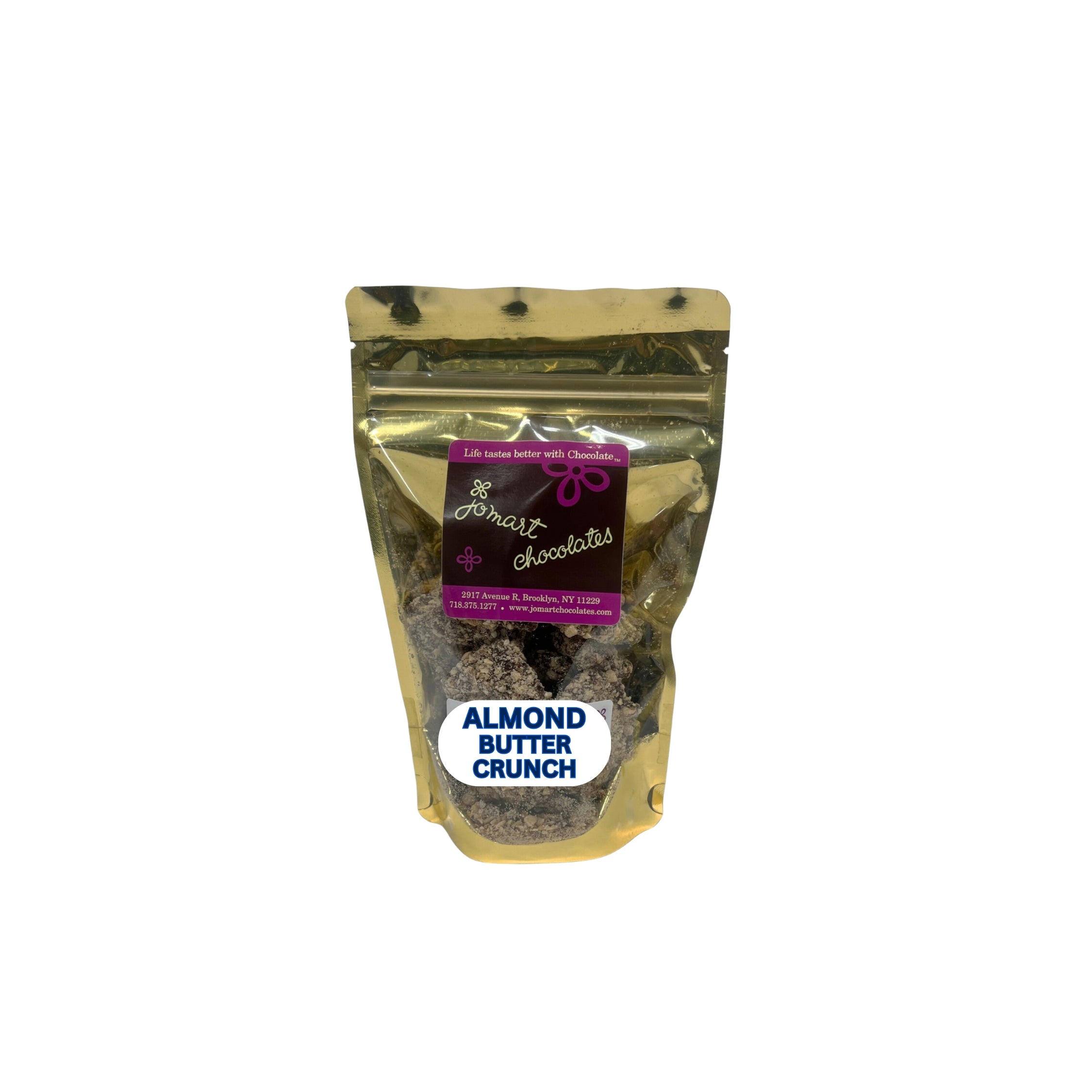 Packaged almond butter crunch on a white background