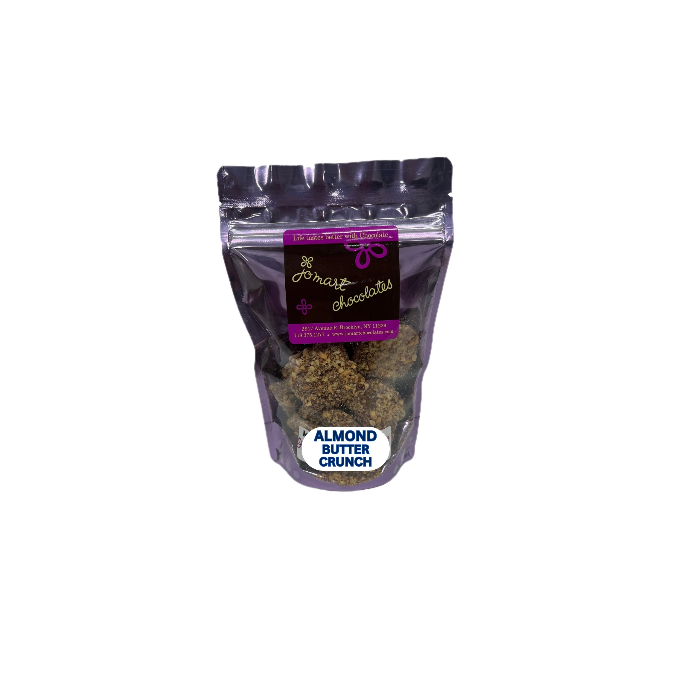 Packaged almond chocolate crunch on a white background