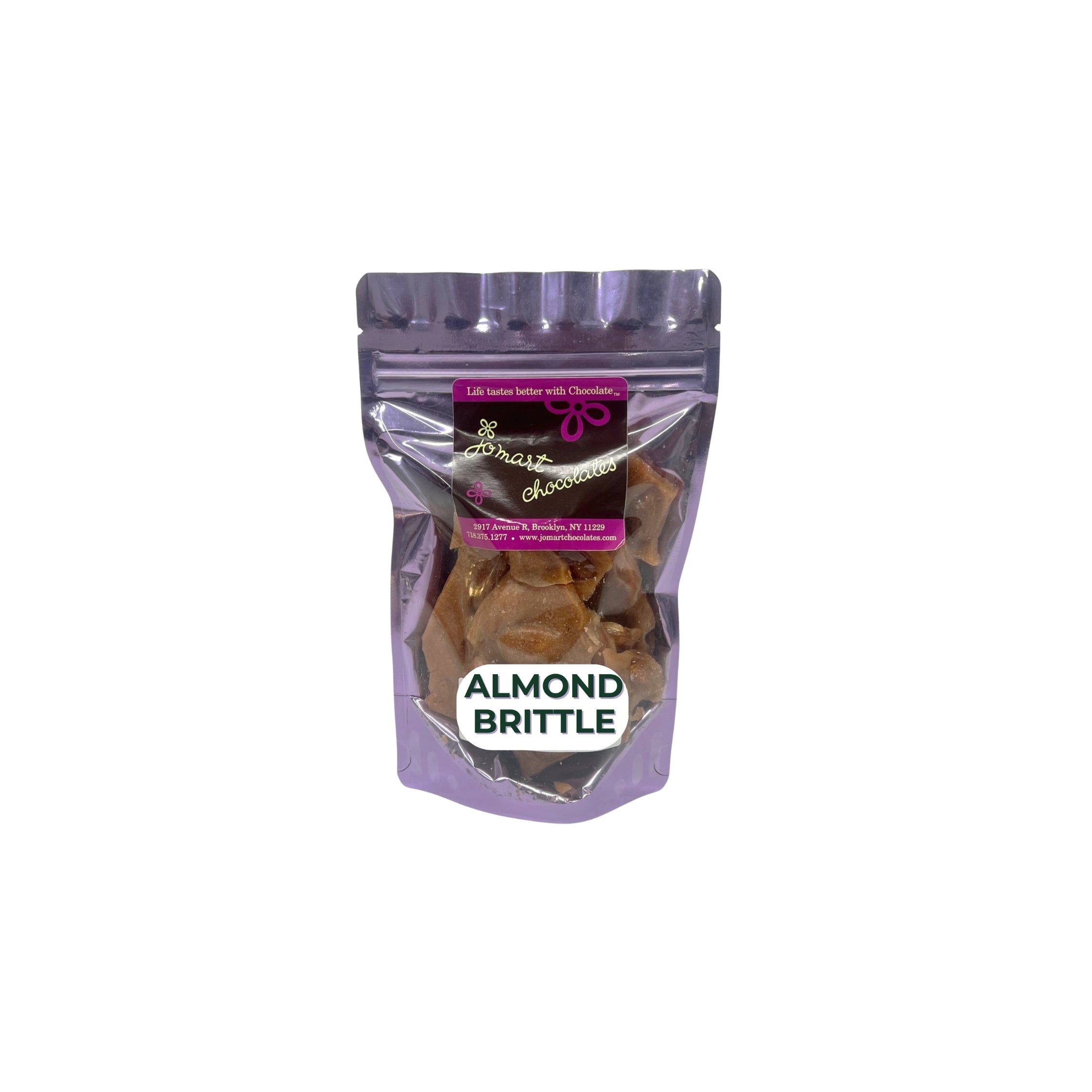Packaged almond brittle with a visible brand label on a white background