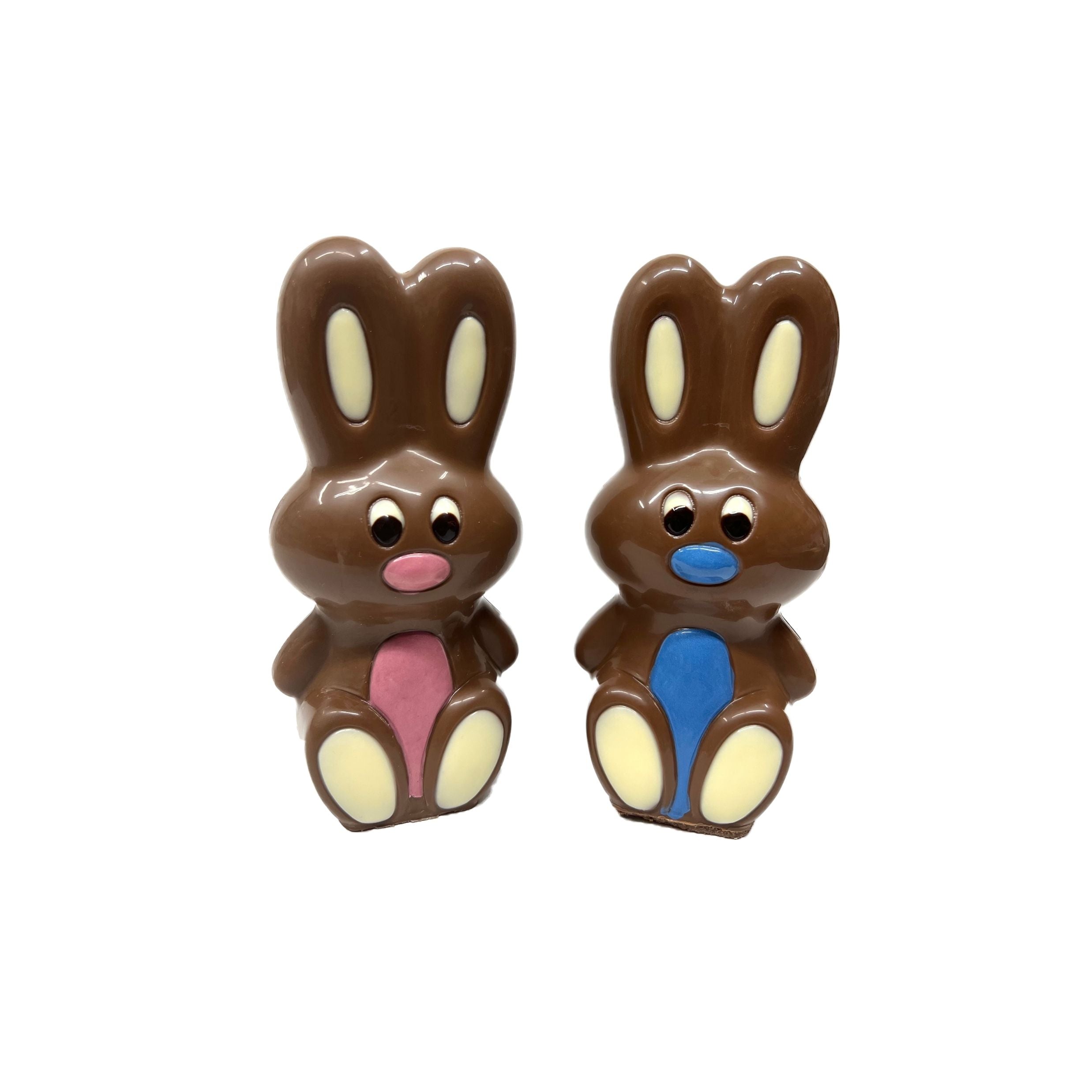 Two chocolate bunny figurines with different colored faces on a white background