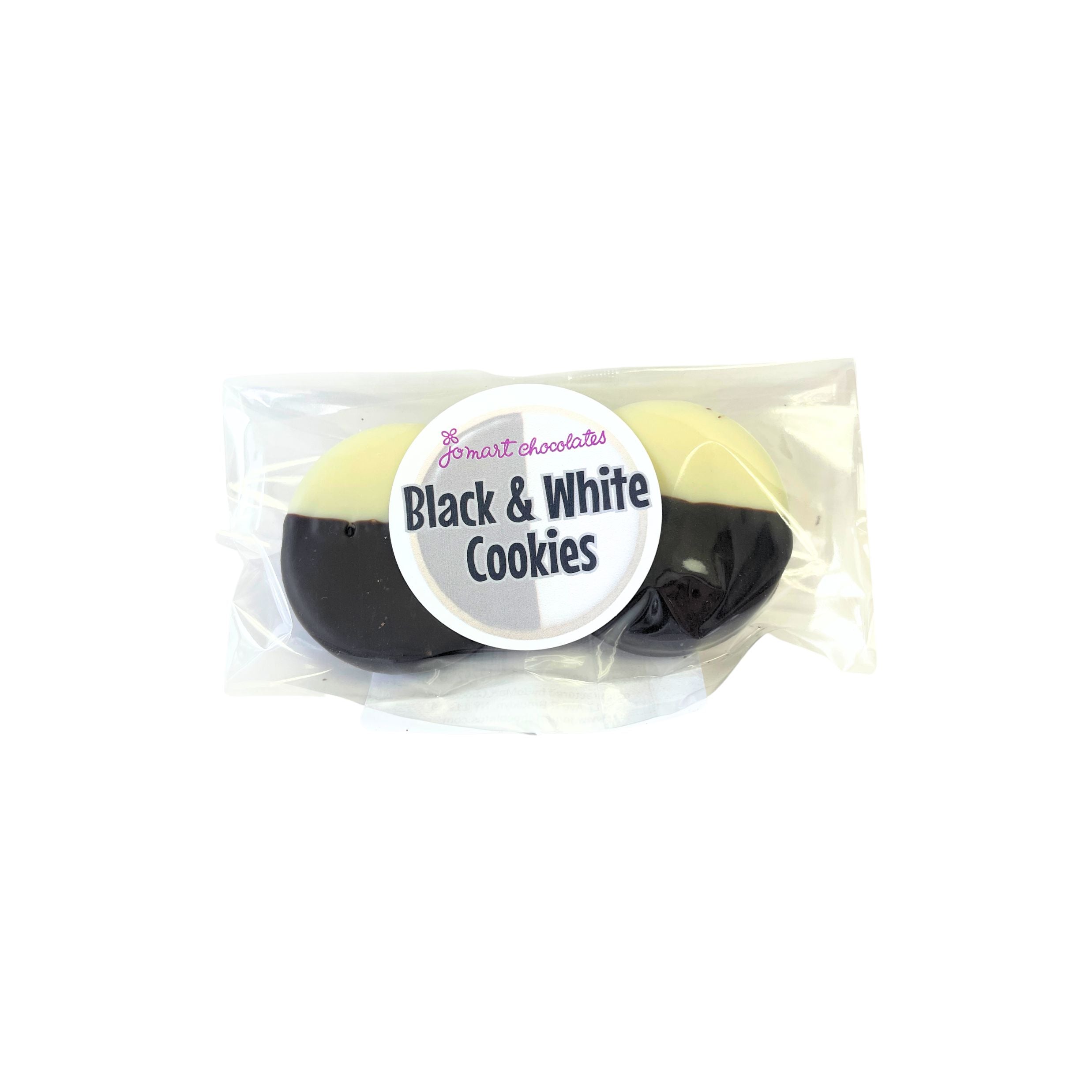 Packaged black and white cookies with a label on a white background