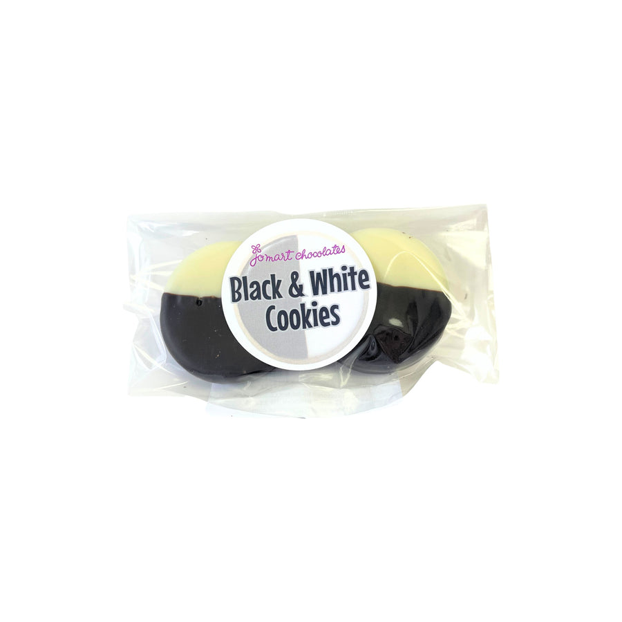 Packaged black and white cookies with a label on a white background