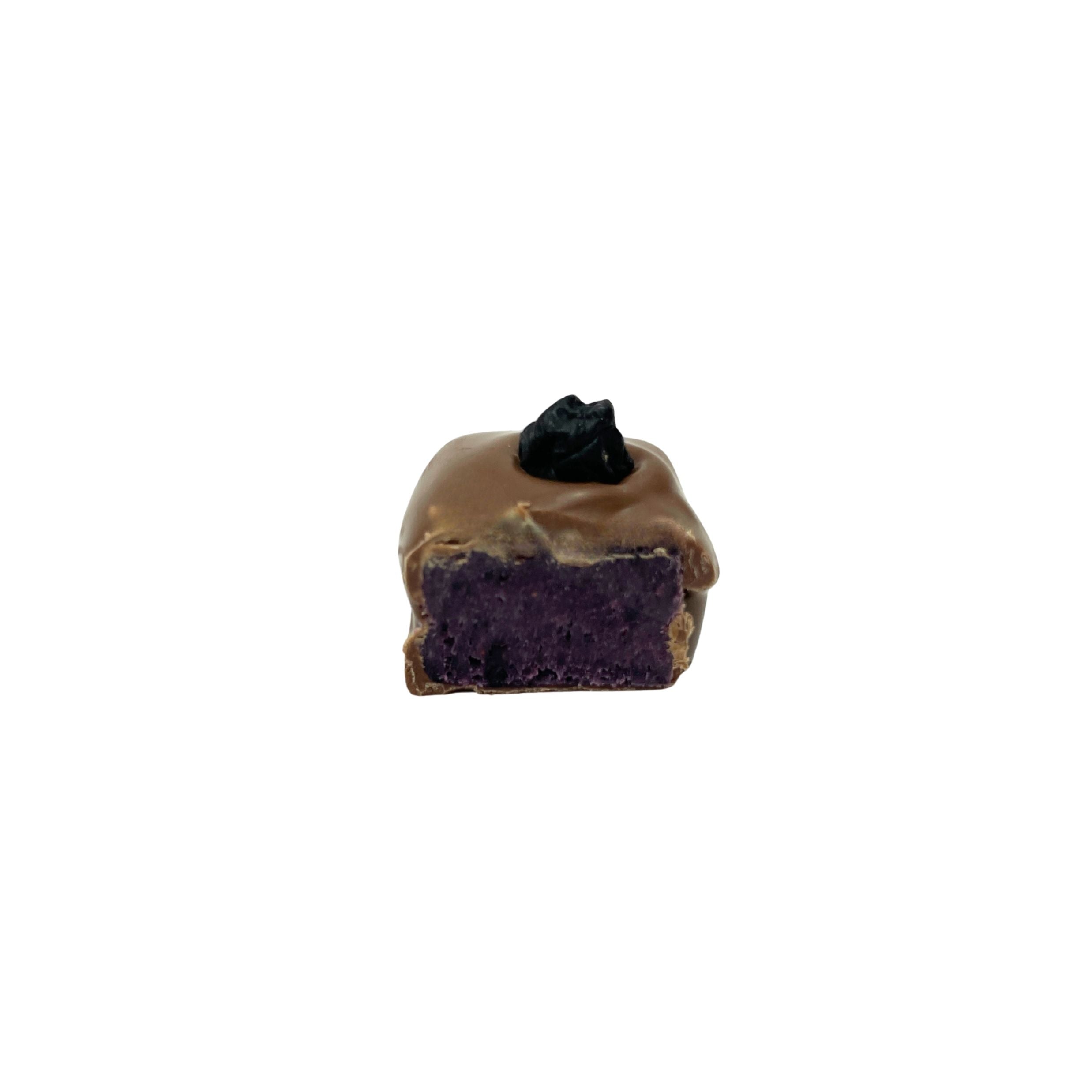 milk chocolate square with blueberry inside and on top