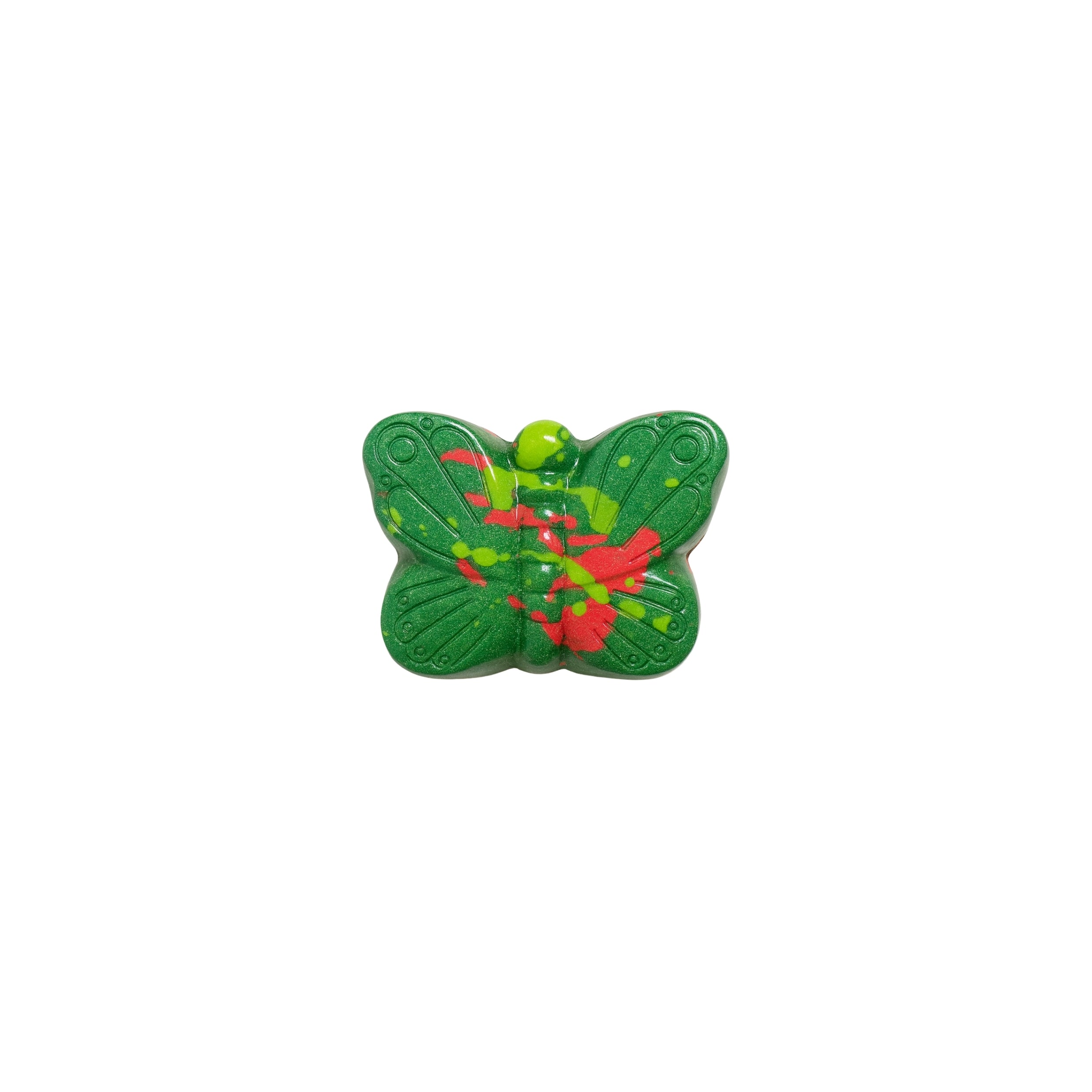 Green butterfly-shaped object with red accents on a white background