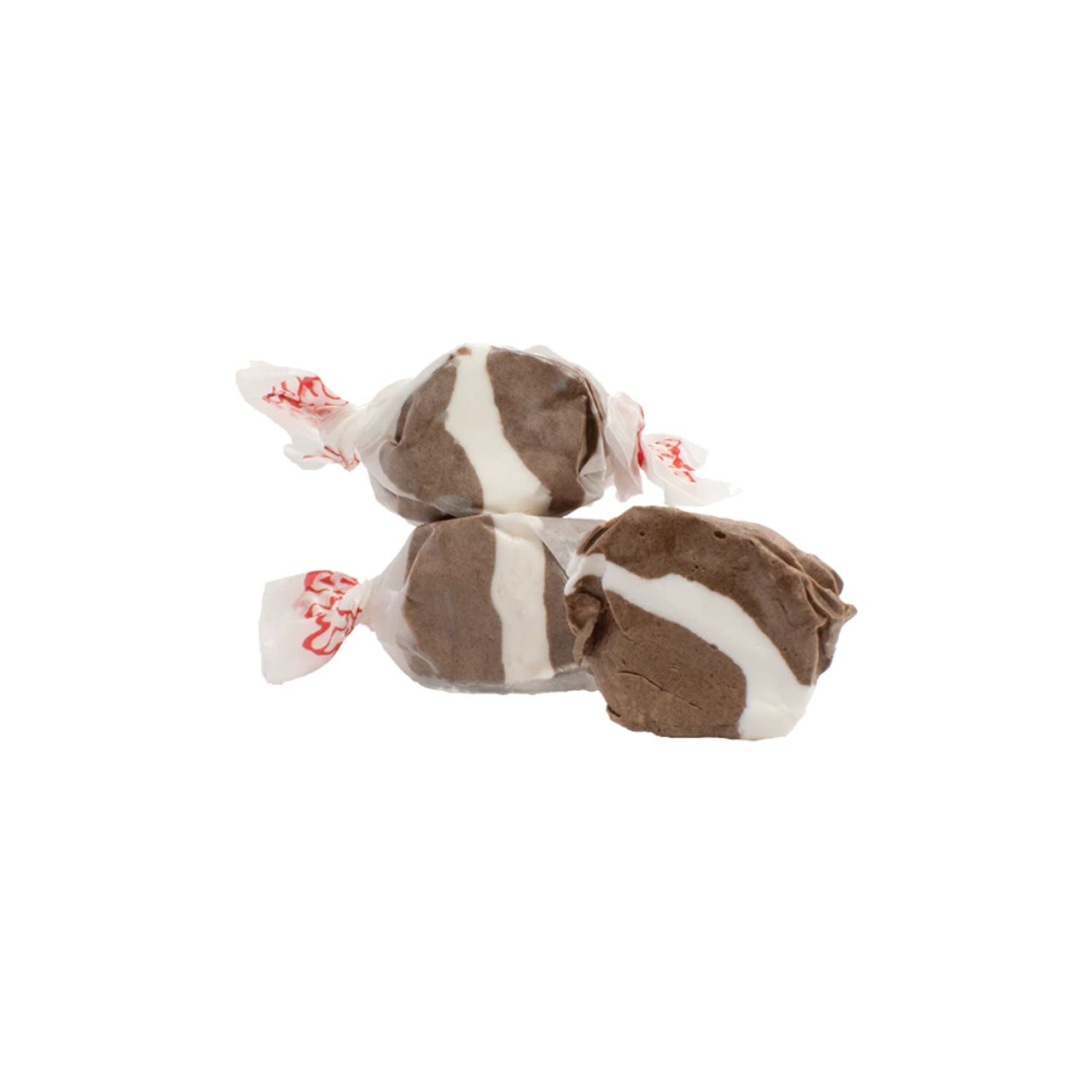 Three wrapped candies with brown and white marbled patterns, individually wrapped in white paper with red text, set against a plain white background.