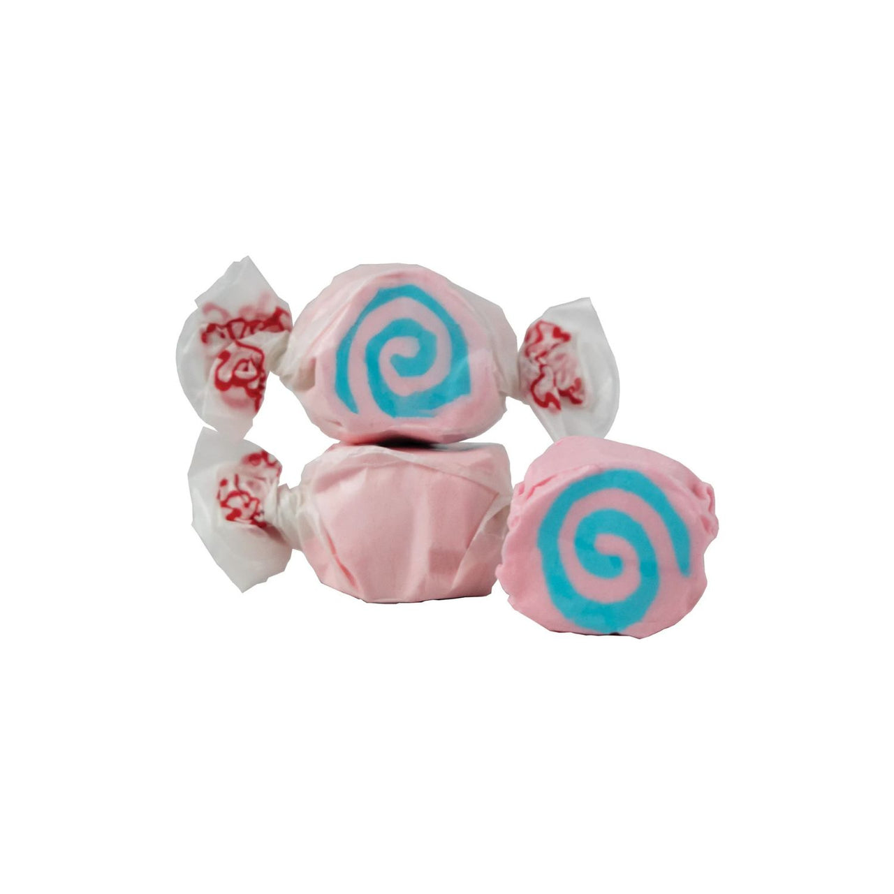 Four pink wrapped candies with blue spiral designs on a plain white background.