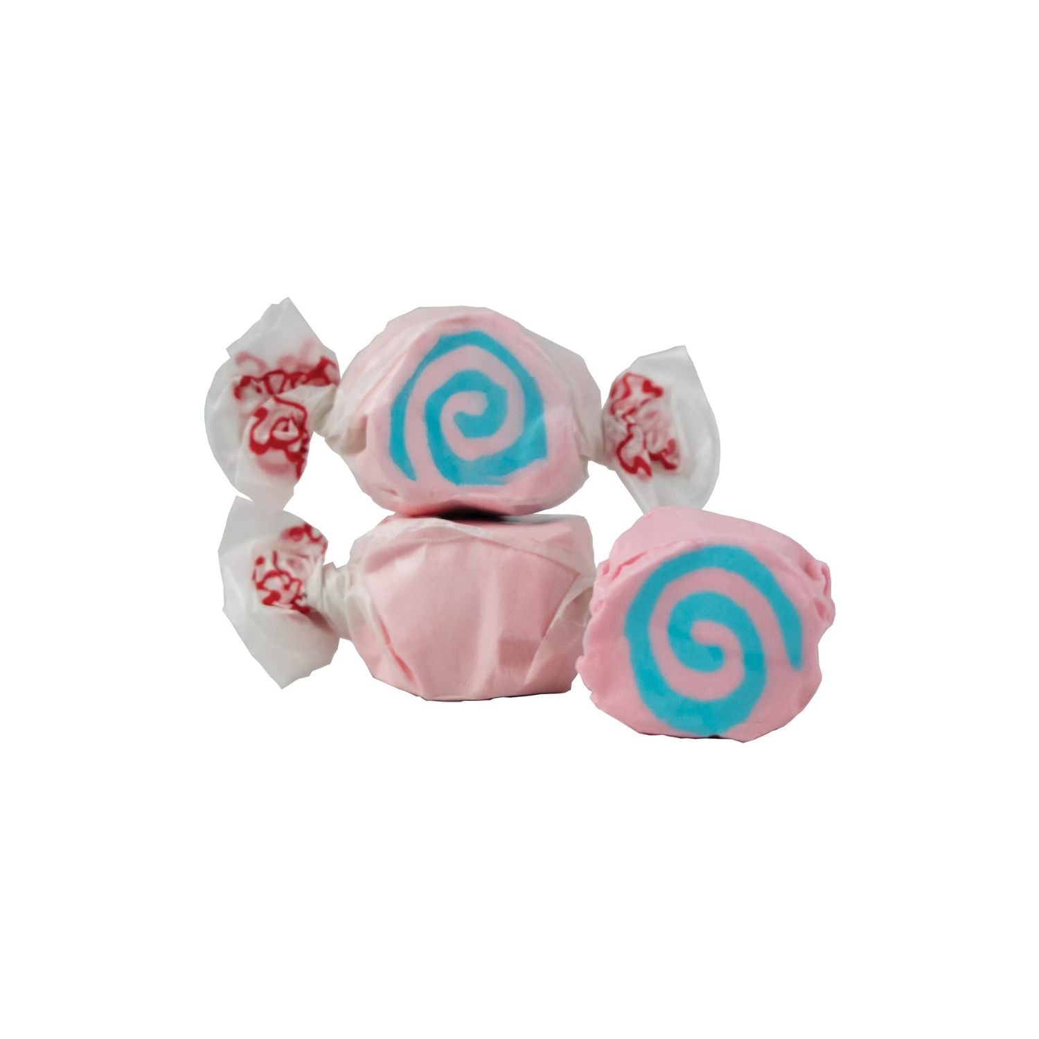 Four pink wrapped candies with blue spiral designs on a plain white background.