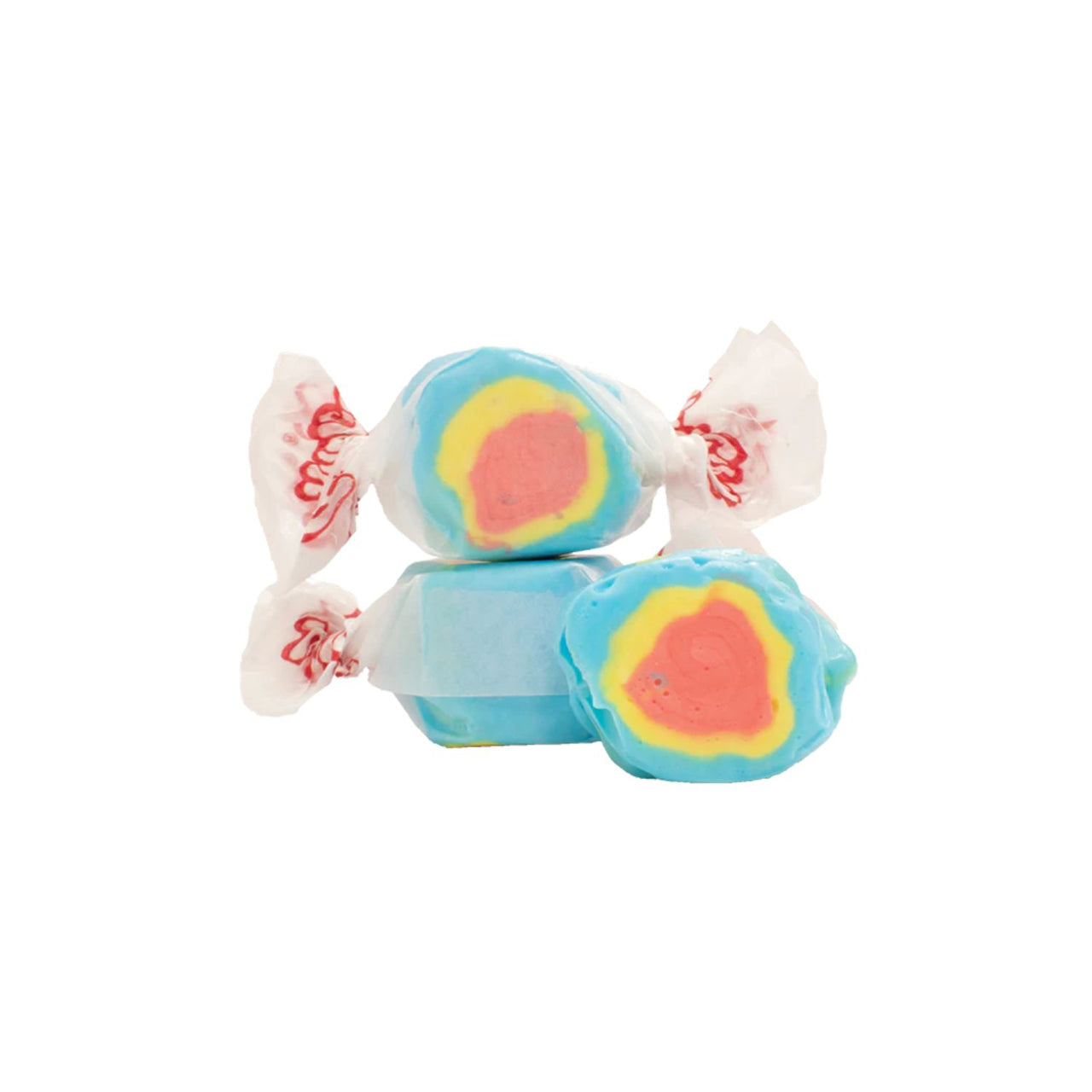 Three wrapped candies with blue wrappers and pink, yellow, and white layered centers, arranged on a plain white background.