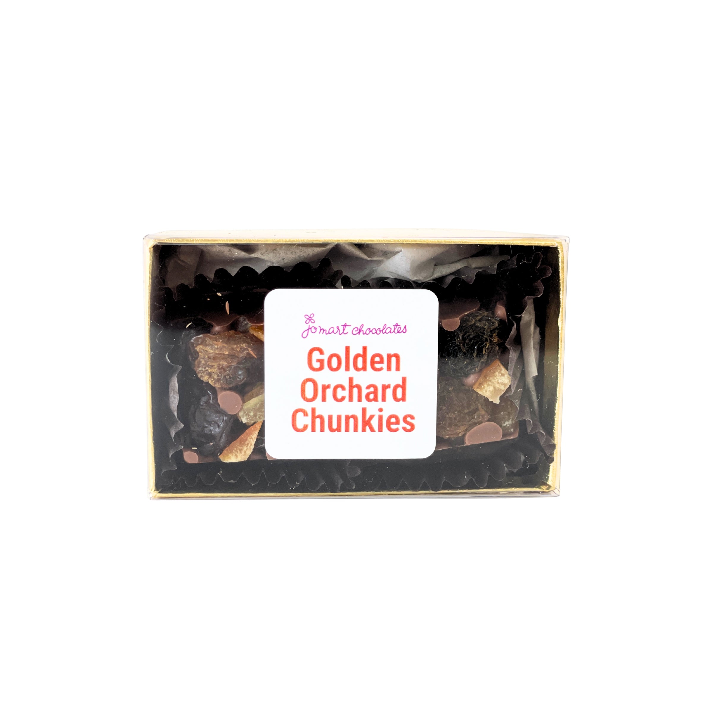 Box of Golden Orchard Chunkies chocolate on a white background