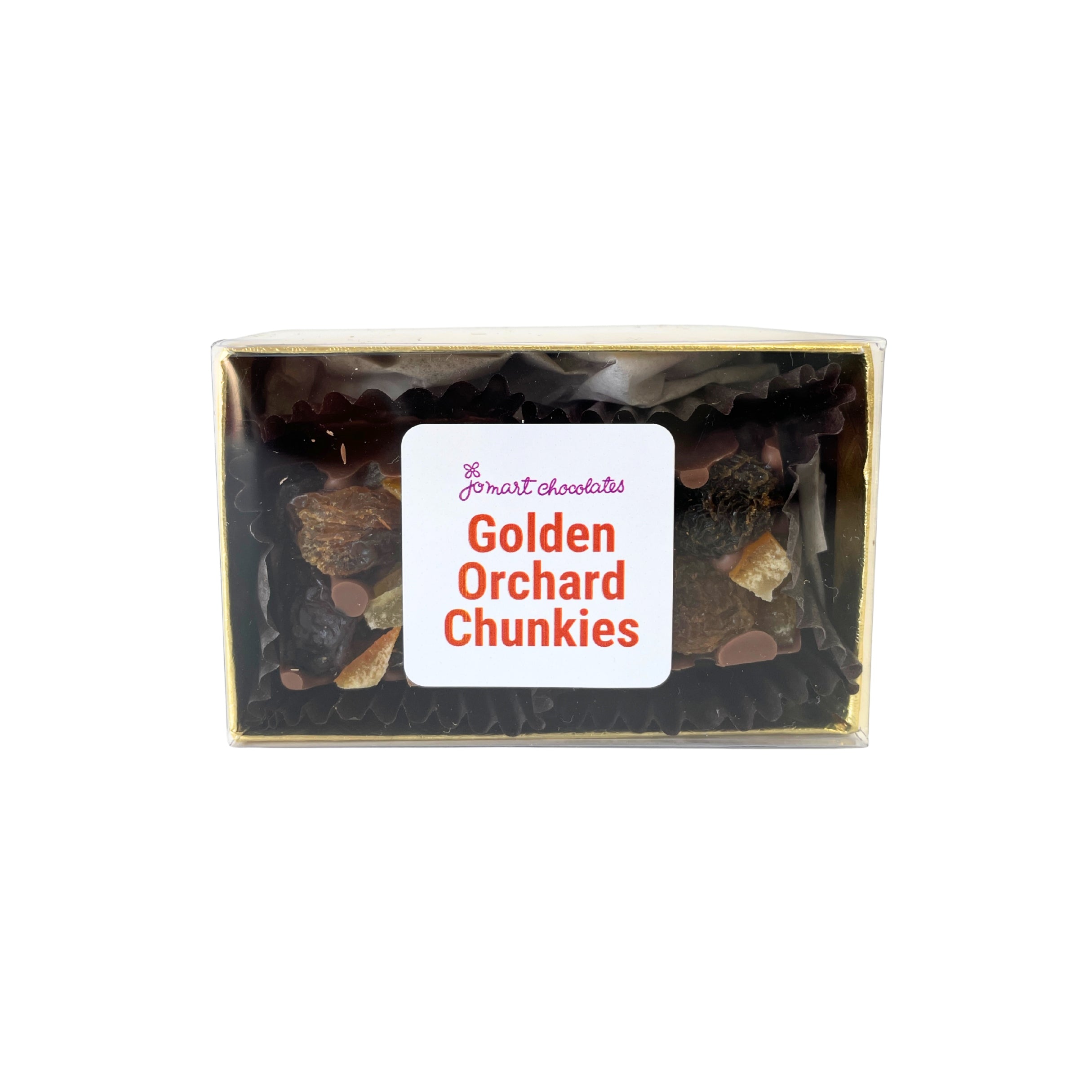 Box of 'Golden Orchard Chunkies' chocolate on a white background