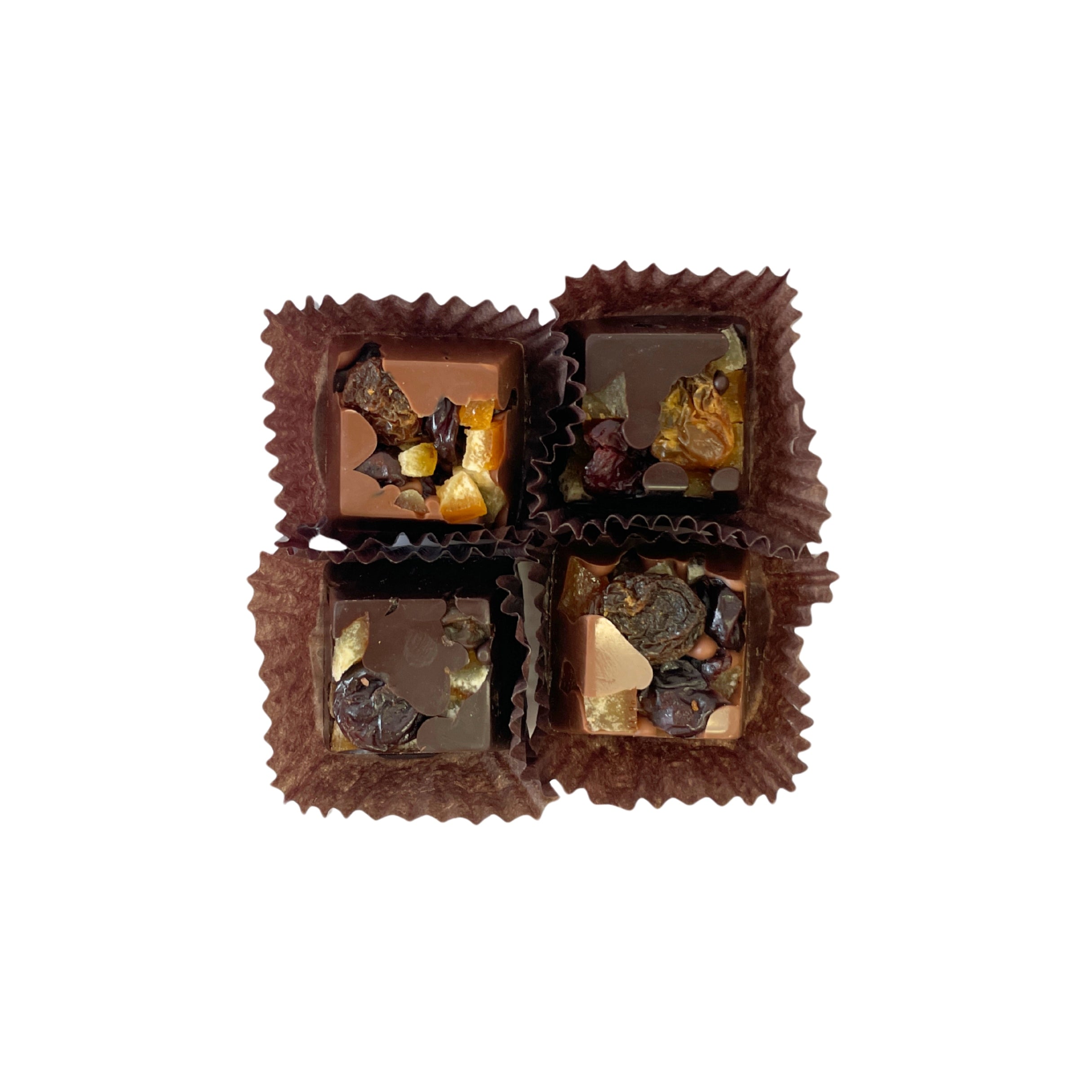 Chocolates with visible nuts and chocolate pieces in a brown wrapper on a white background