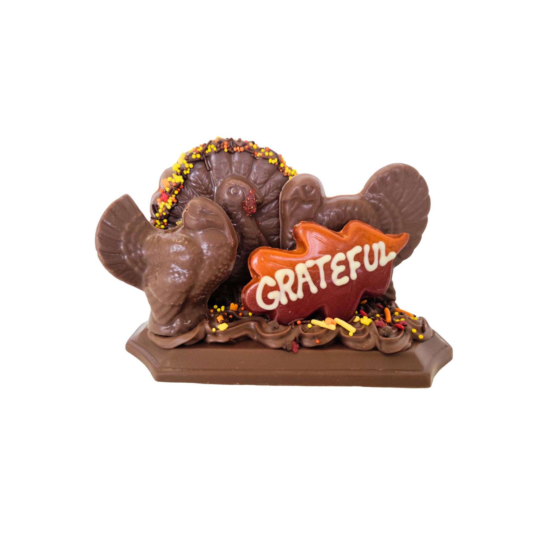 molded chocolate turkeys and leaves with sprinkles and the word GRATEFUL