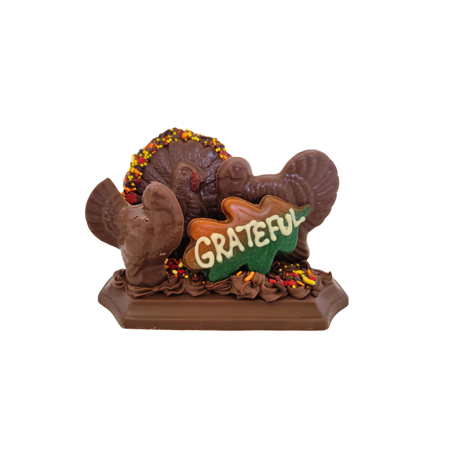 molded chocolate turkeys and leaves with sprinkles and the word GRATEFUL