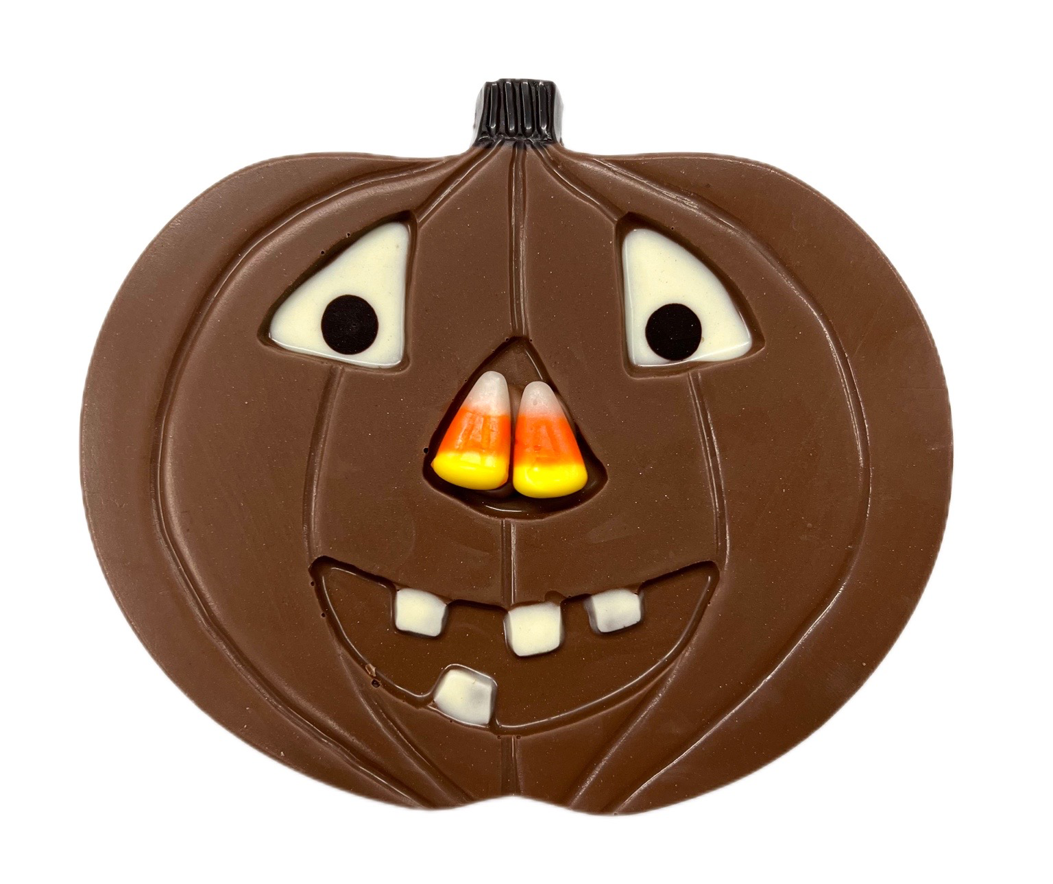milk dark and white chocolate molded pumpkin with two candy corn on nose