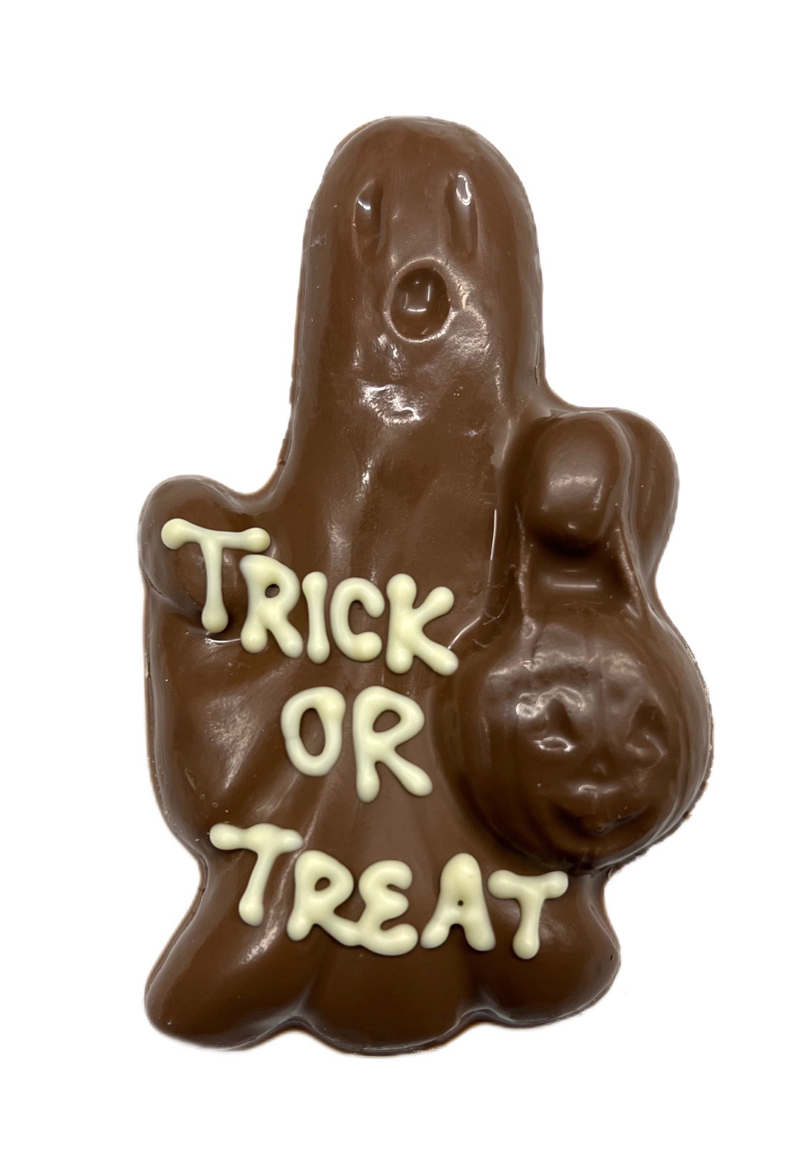 milk chocolate ghost with pumpkin with white chocolate TRICK OR TREAT