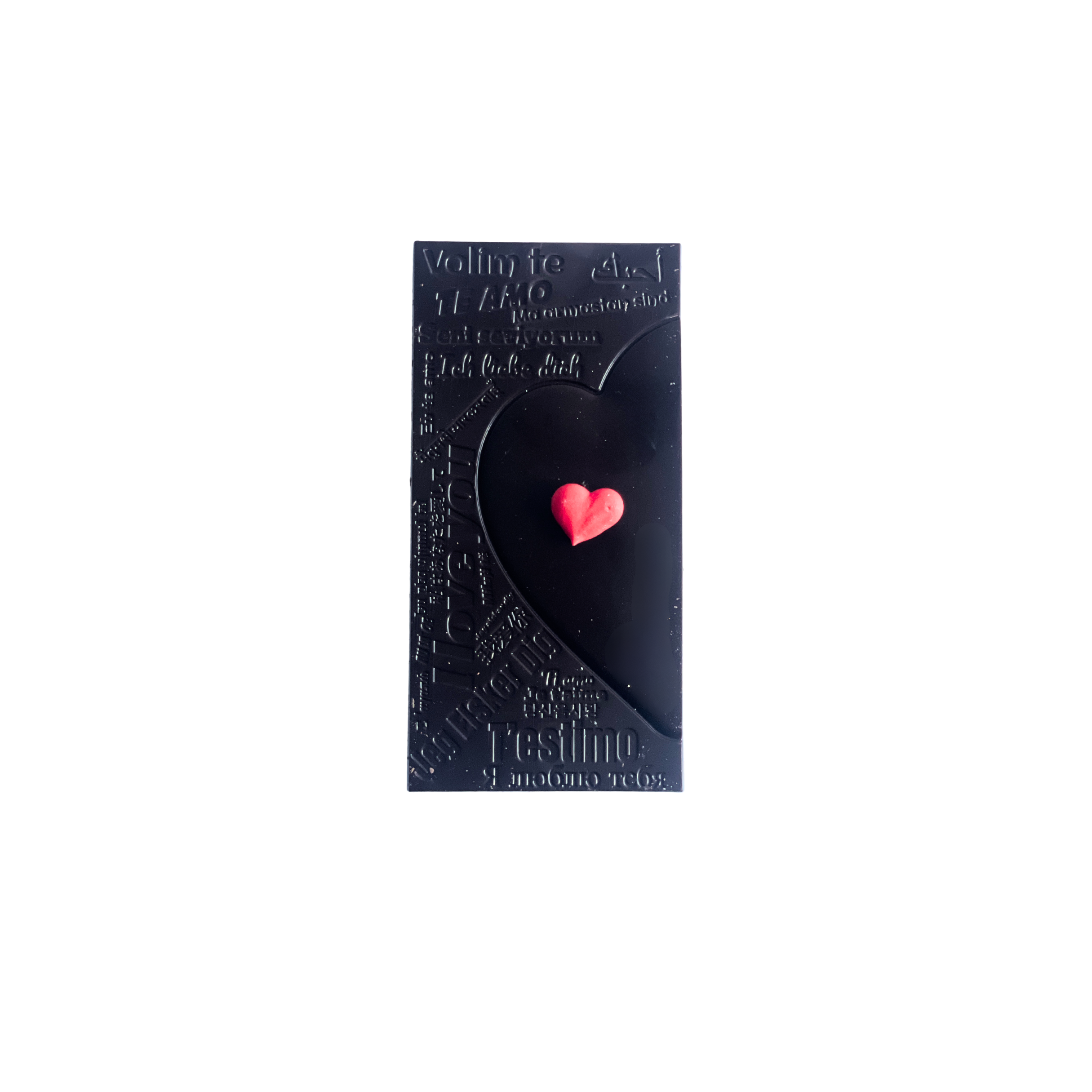 Black rectangular chocolate with a red heart design on a white background