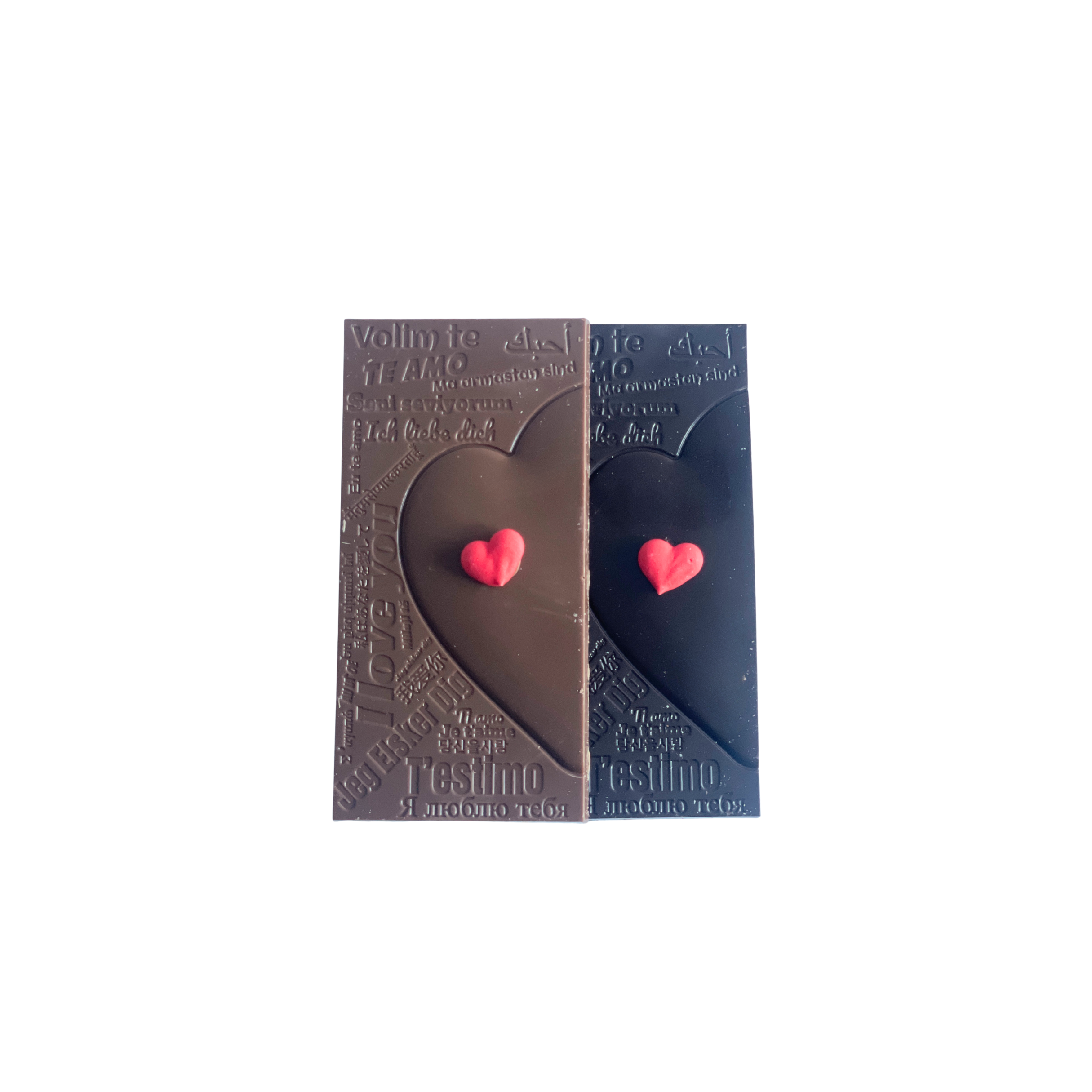 Two chocolate bars with red hearts in decorative boxes on a white background